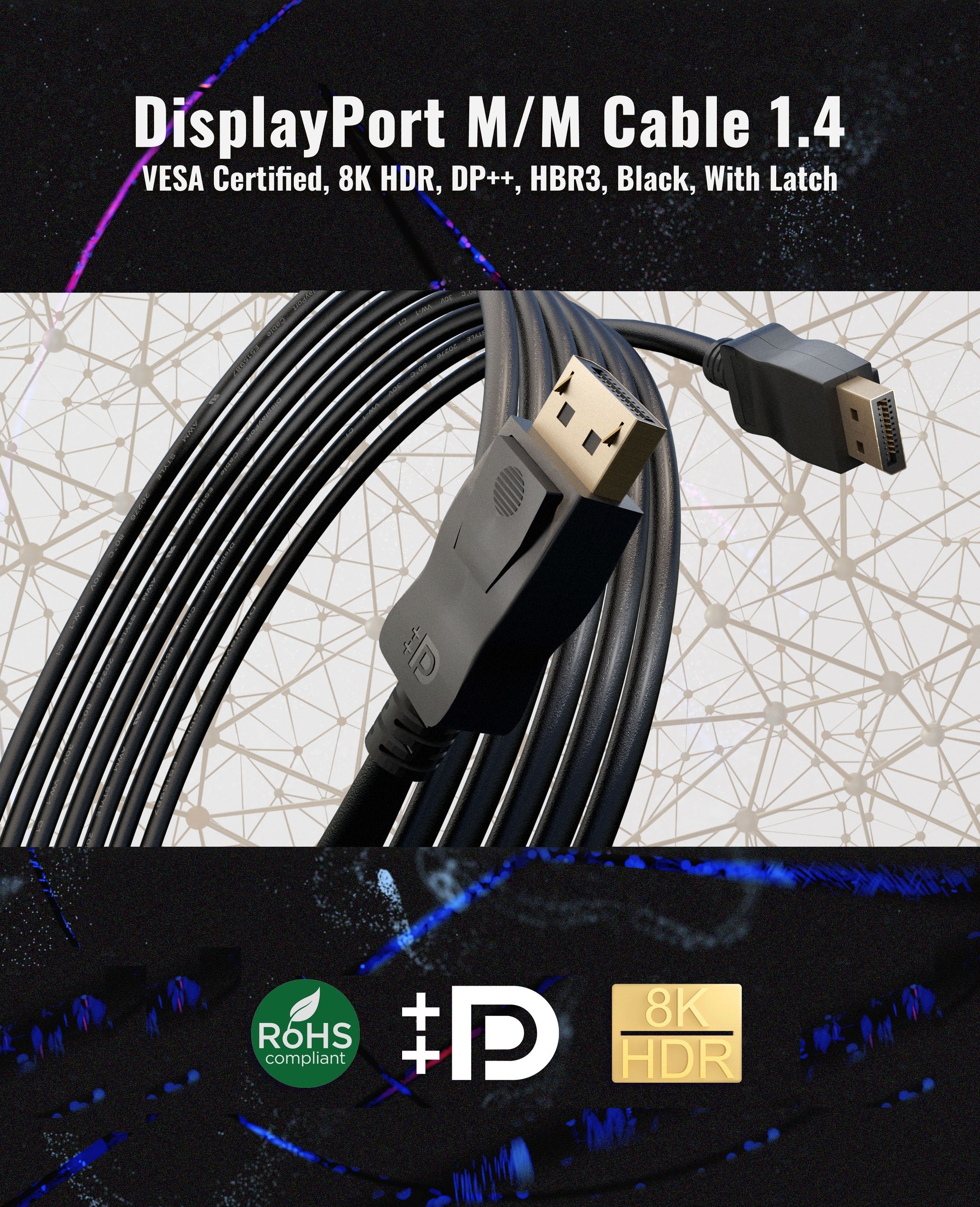 VESA Certified DisplayPort 1.4 Cable with Secure Latch - 8K@60Hz, 4K@120Hz, HDR, HBR3 - Ideal for Gaming, 4K/8K Monitors & Home Theater Systems