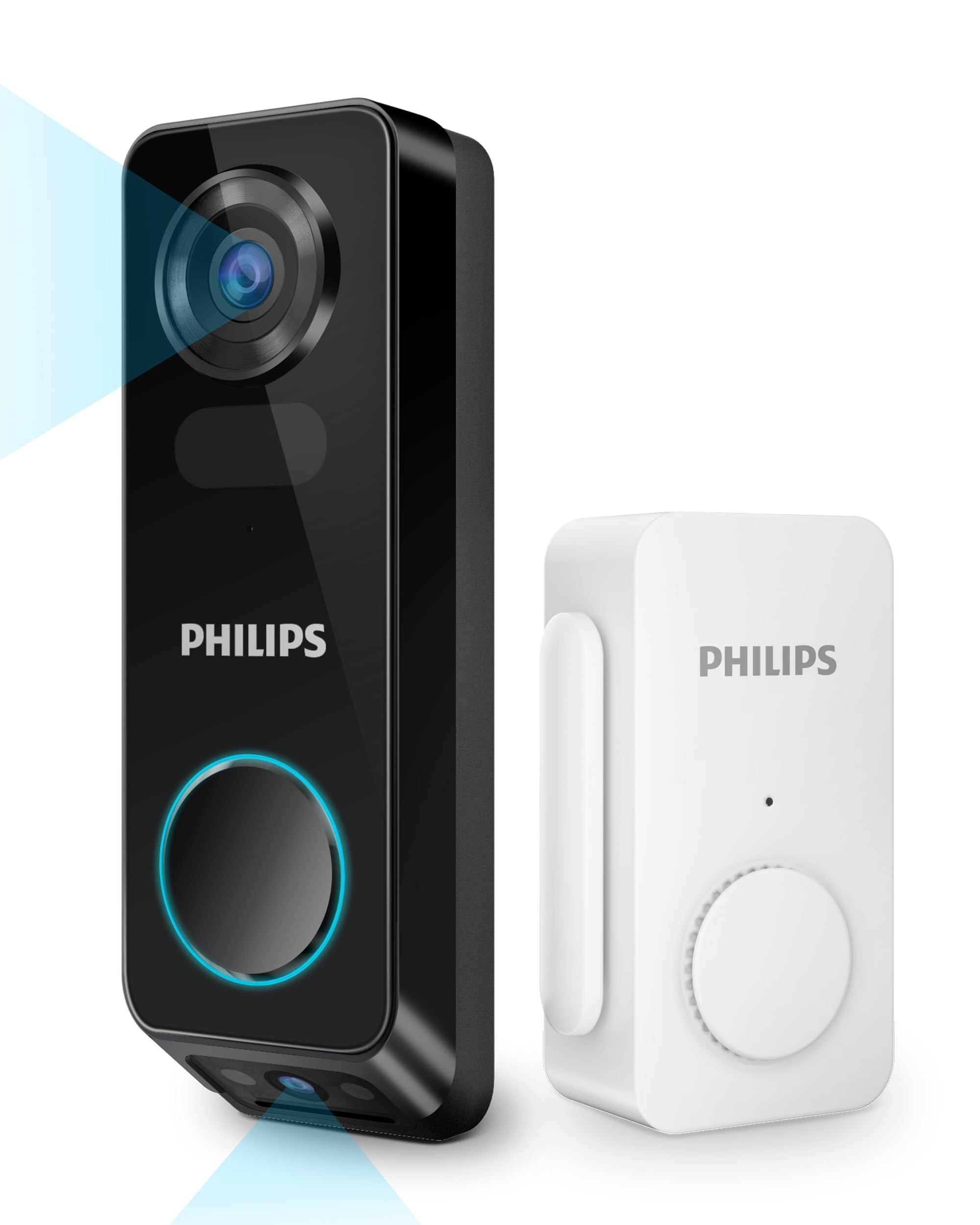 PHILIPS Wireless Video Doorbell Camera with Chime - No Monthly Fee, 2K FHD Dual Cameras, Motion Detection, 2-Way Audio, Alexa & Google Assistant Compatible, Battery/Wired Power - Ideal for Home Security & Smart Home Integration