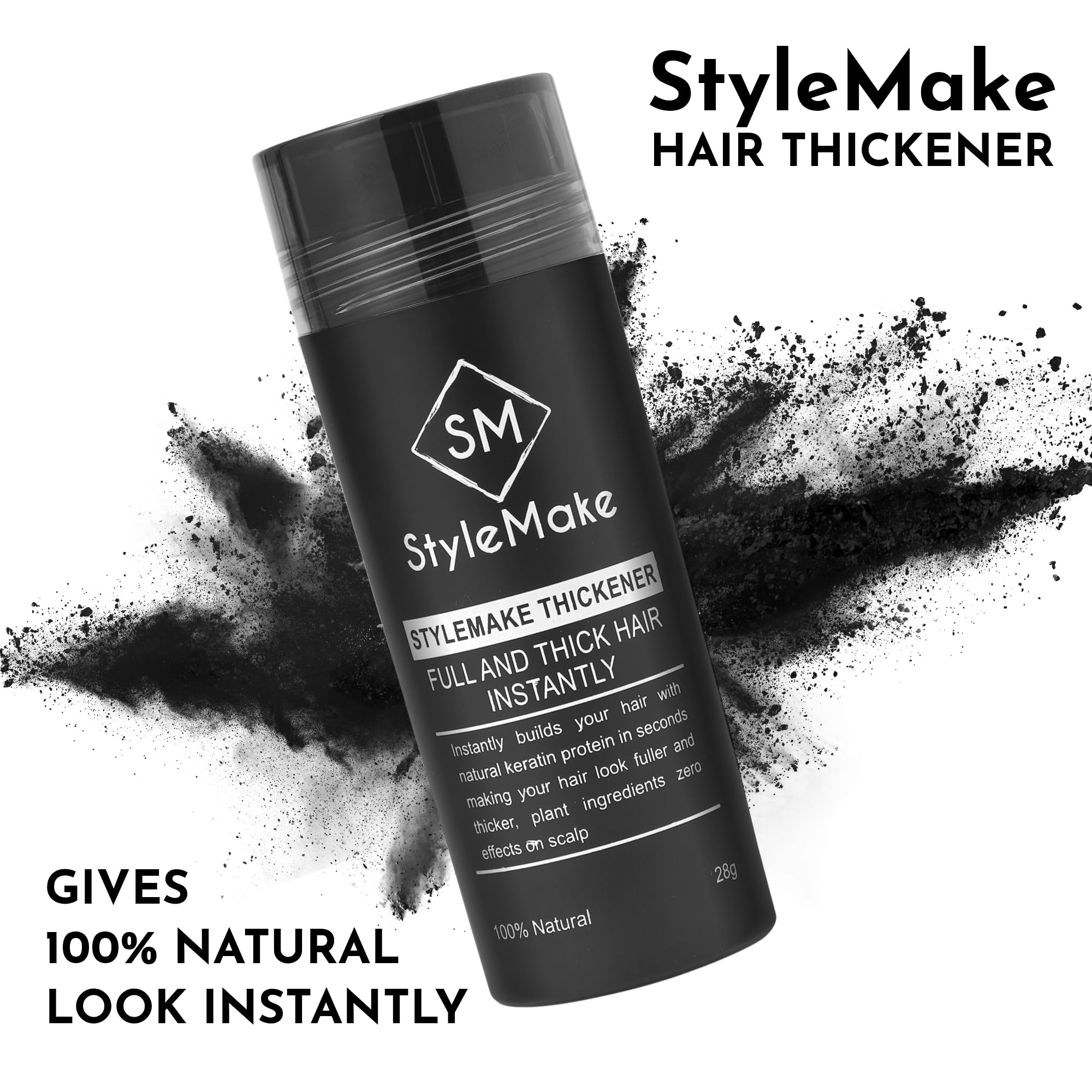 StyleMake Hair Thickening Fibers for Men & Women - Volumizing Hair Loss Concealer for Thin & Fine Hair | Undetectable Natural-Looking Coverage (Black, 28g) | Perfect for Daily Use, Special Occasions & Confidence Boosting