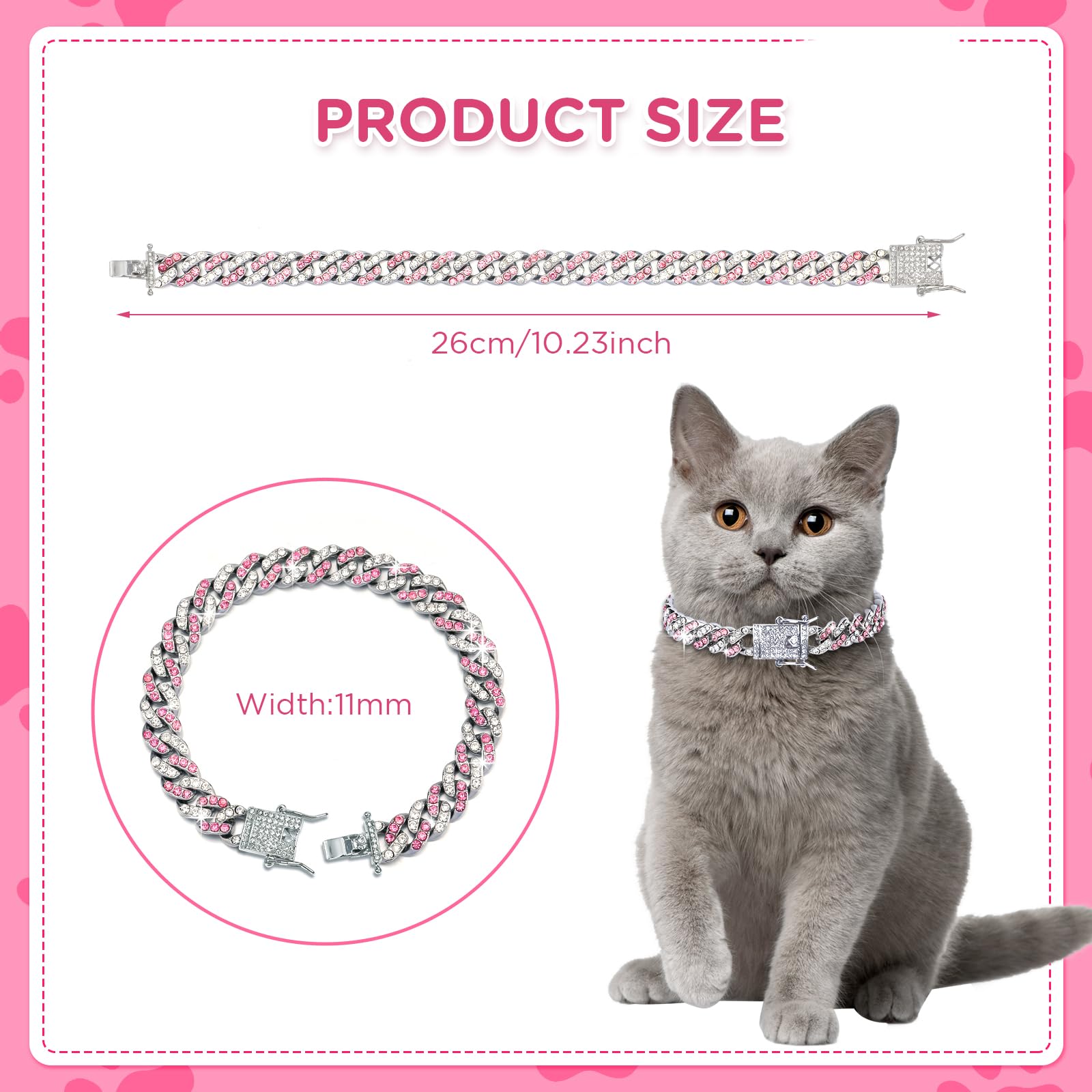 9 Inch Glitter Dog Collar - Pink & Silver Diamond Pet Collar with Buckle, Metal Link Chain for Small Dogs & Cats | Christmas Pet Jewelry Accessories | Perfect for Holiday Parties, Pet Fashion Shows & Special Occasions