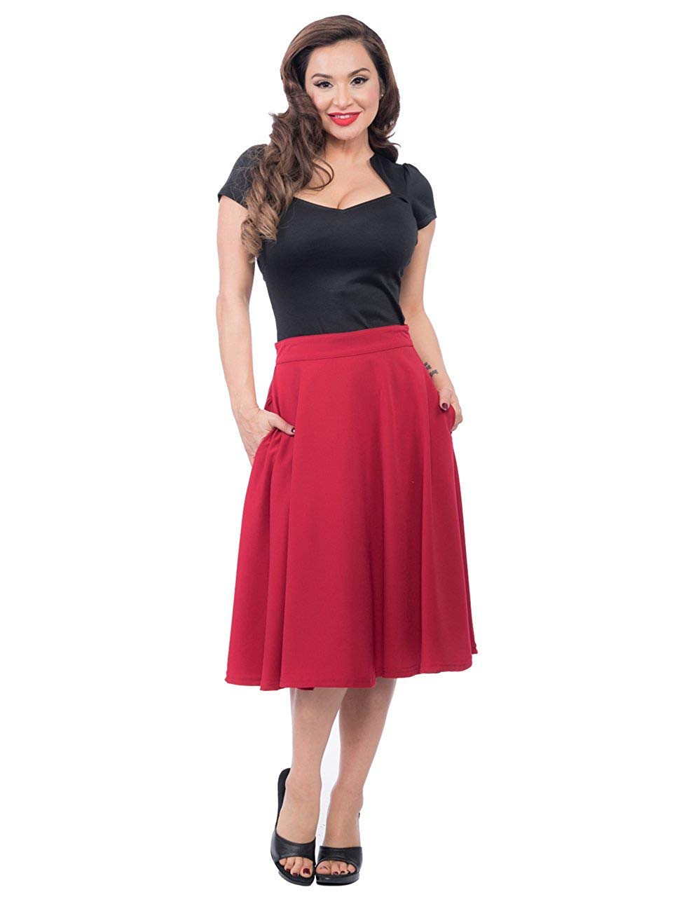 Steady Clothing Women's High Waist Skirt with Pockets - Stretchy Comfort Fit, Red A-Line Midi Skirt for Casual Wear, Office & Date Night Outfits