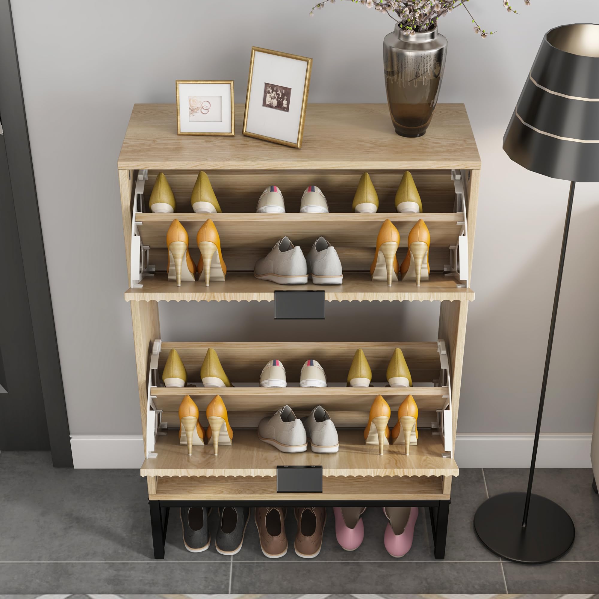 Modern Slim Wooden Shoe Cabinet with 2 Flip Drawers - Freestanding Narrow Shoe Storage Organizer for Entryway & Living Room | Fluted Design Home Decor for Small Spaces & Apartment Hallways