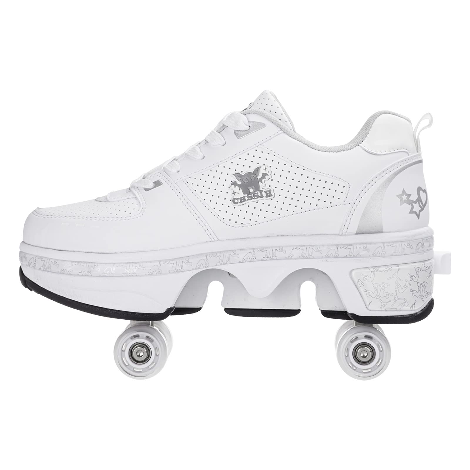 PLMOKN Women's Retractable Roller Skates - Adjustable Outdoor Roller Shoes for Girls & Women - Convertible Sneakers with Kick Design - Size EU 36/US 5.5 in White - Perfect for Outdoor Sports, Fitness & Casual Skating