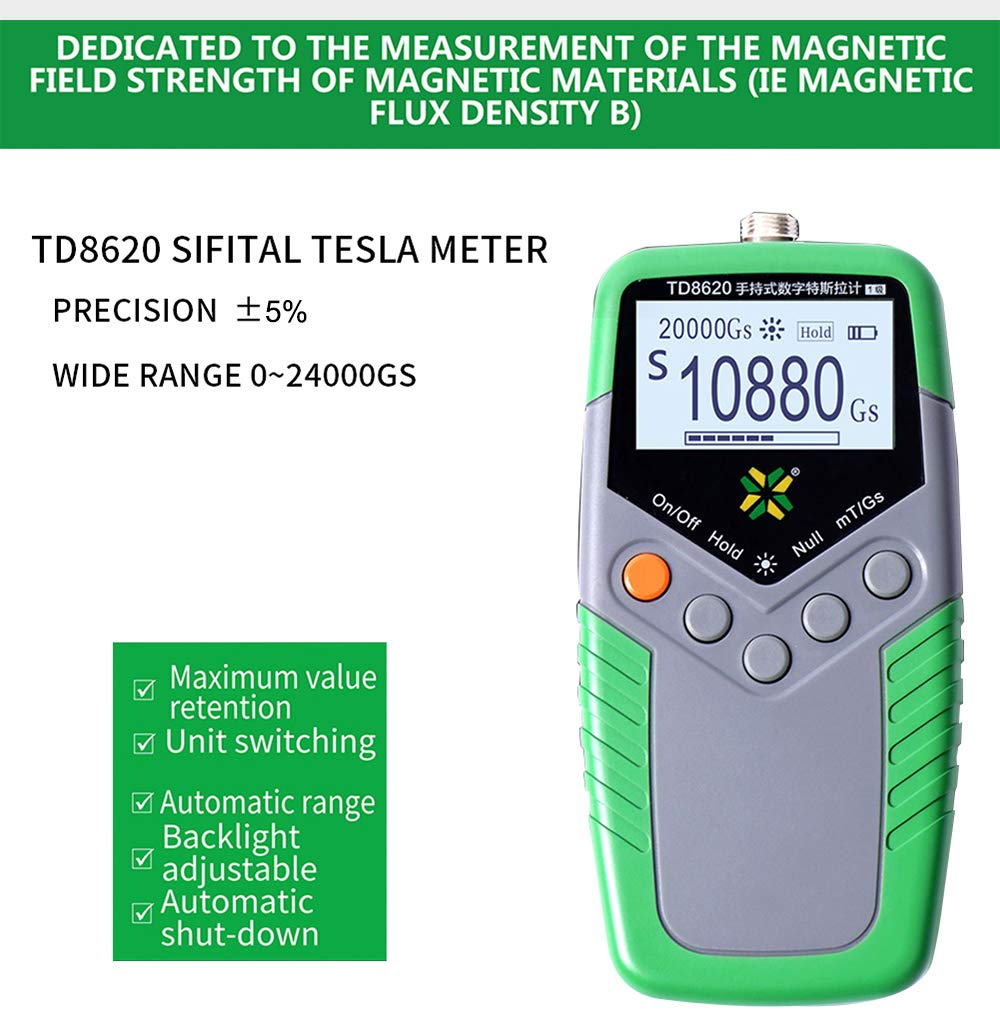 TD8620 Handheld Digital Gauss Meter - High Accuracy 5% Permanent Magnet Tesla Meter for Magnetic Flux & Surface Field Testing | Ideal for Industrial, Laboratory & DIY Magnetic Field Measurement