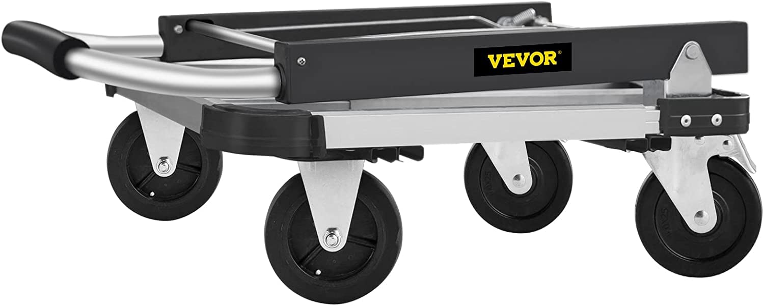 VEVOR Folding Platform Truck - Heavy Duty Aluminum Utility Cart with Telescoping Handle & 4 Wheels, 330LBS Capacity - Portable Adjustable Length Push Cart for Luggage, Travel, Shopping, Warehouse, Office & Home Use