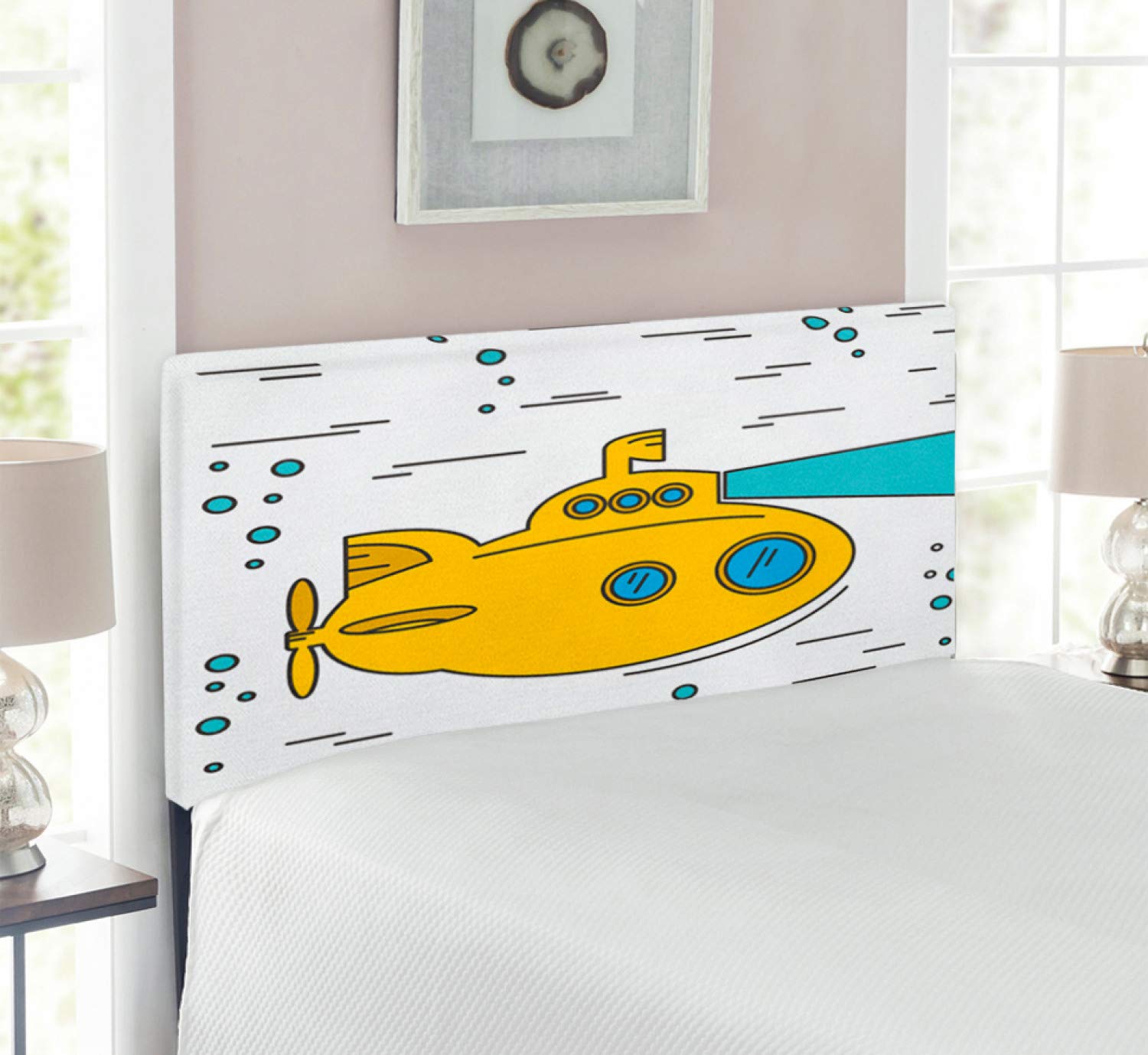 Ambesonne Yellow Submarine Headboard - Ocean Nautical Adventure Underwater Bubbles Porthole Cartoon Design, Upholstered Decorative Metal Bed Headboard with Memory Foam for Twin Size Bed, White Yellow Blue - Perfect for Kids' Bedroom, Nautical Theme Room or Beatles Fan Decor