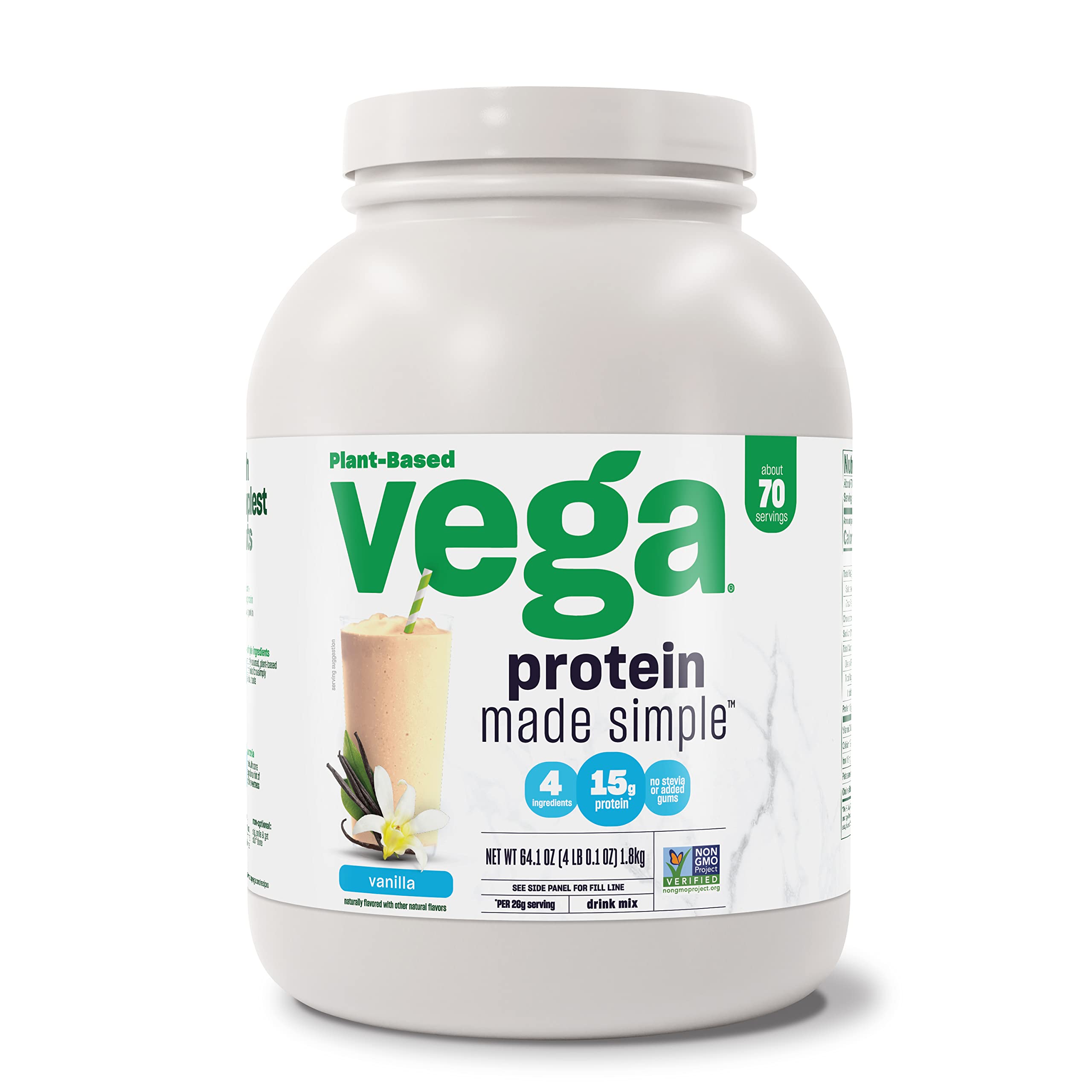 Vega Protein Made Simple Vanilla XL Value Tub (70 Servings) - Stevia Free Vegan Protein Powder | Plant Based, Gluten Free Pea Protein for Women & Men | 3.9lbs for Post-Workout Recovery & Healthy Lifestyle