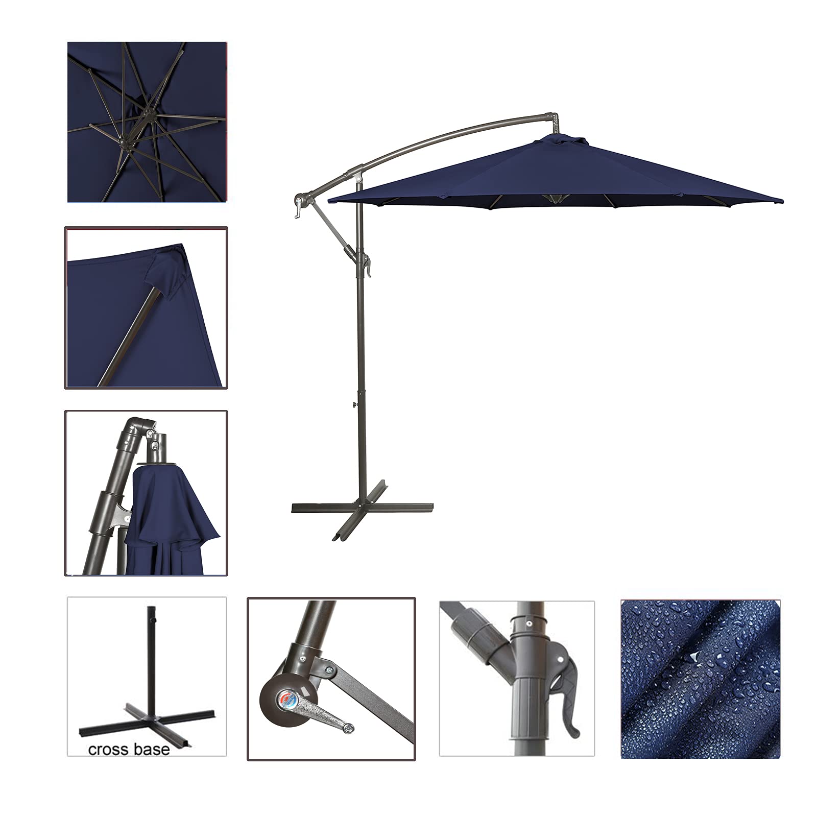 10 Ft Navy Blue Outdoor Cantilever Patio Umbrella with Crank & Cross Base - 8 Ribs, Offset Hanging Market Umbrella for Poolside, Deck, Garden, and Backyard Relaxation