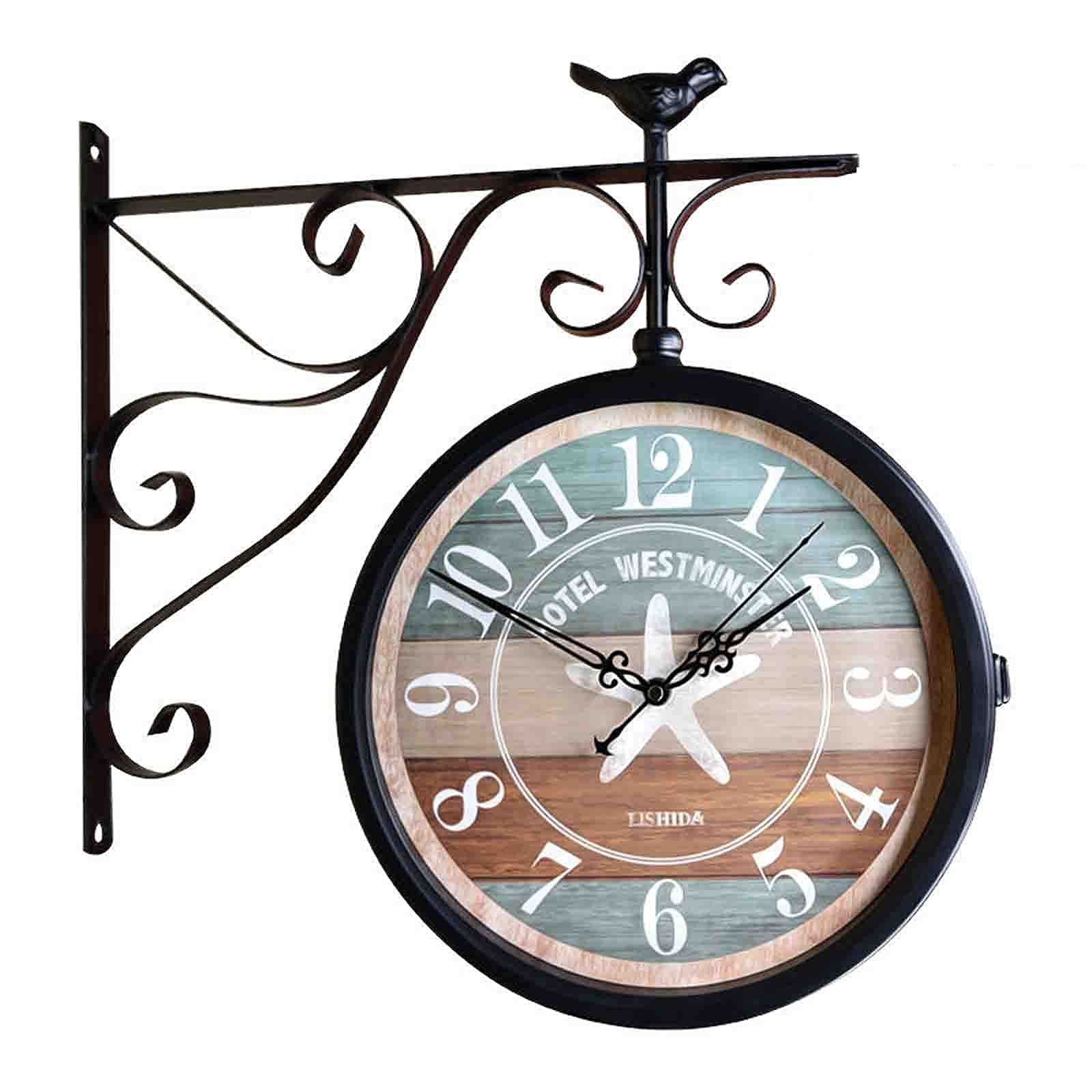 Vintage Double Sided Metal Wall Clock - Outdoor Garden & Indoor Office Decor - Antique Industrial Style Wall Art for Patio, Living Room, and Workspace