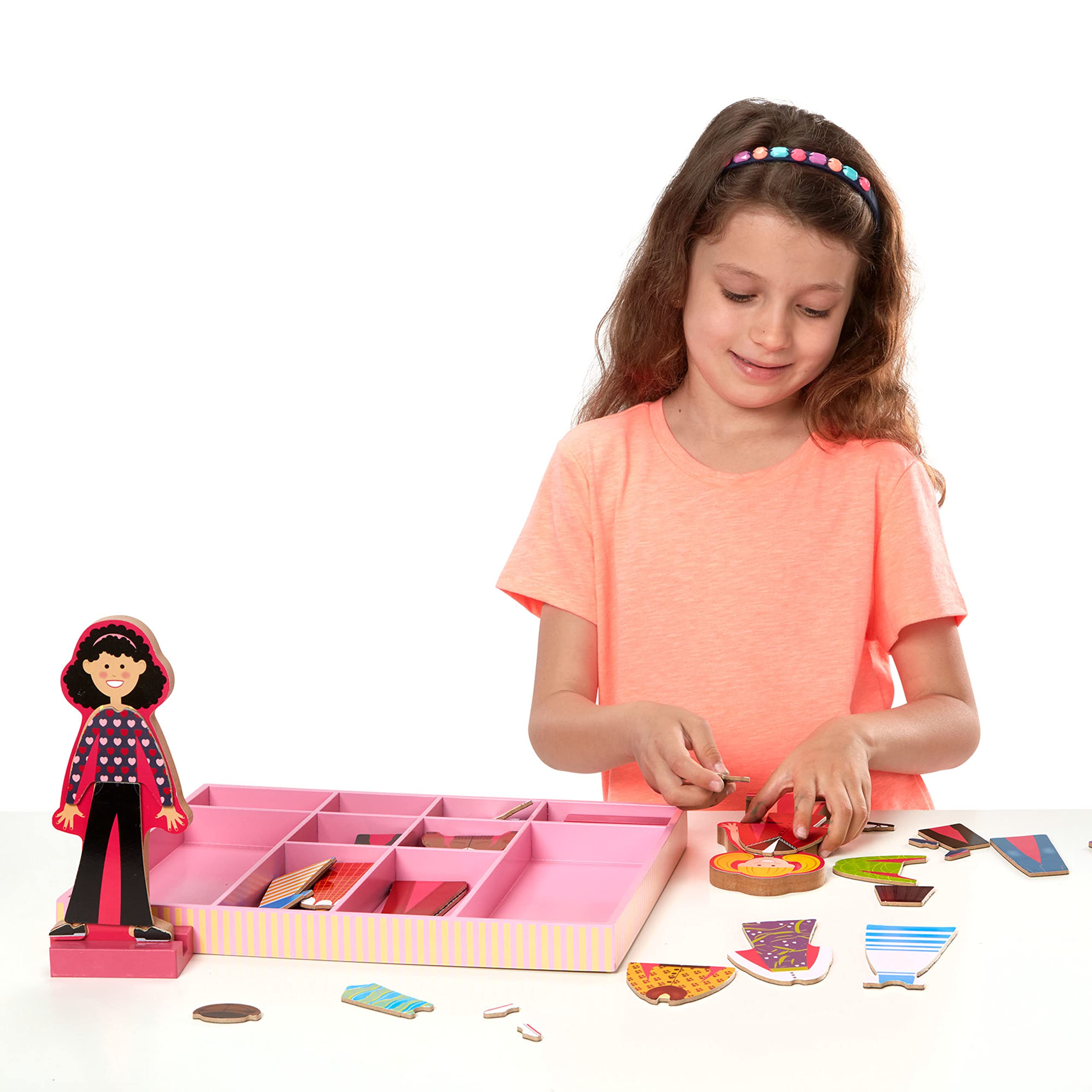 Melissa & Doug Abby and Emma Deluxe Magnetic Wooden Dress-Up Dolls Play Set - 55+ Pieces Magnetic Paper Dolls for Kids Ages 3+ | Pretend Play, Travel Toys, Birthday Gifts for Girls