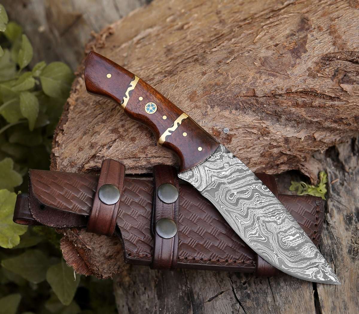 Premium Damascus Steel Camping Knife with Rosewood Handle - Outdoor Survival, Hunting, and Bushcraft Essential