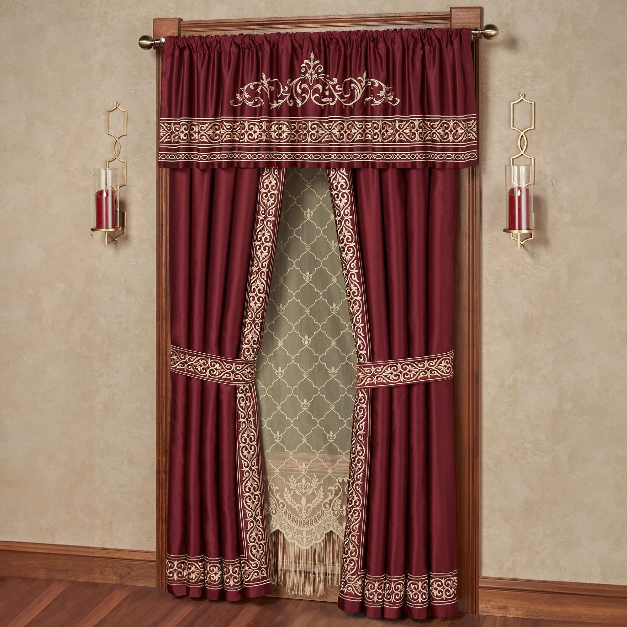 Luxury Winchester Window Curtain Set - Rich Ruby Red with Golden Scrollwork Embroidery - Palace-Inspired Drapery with Valance & 84