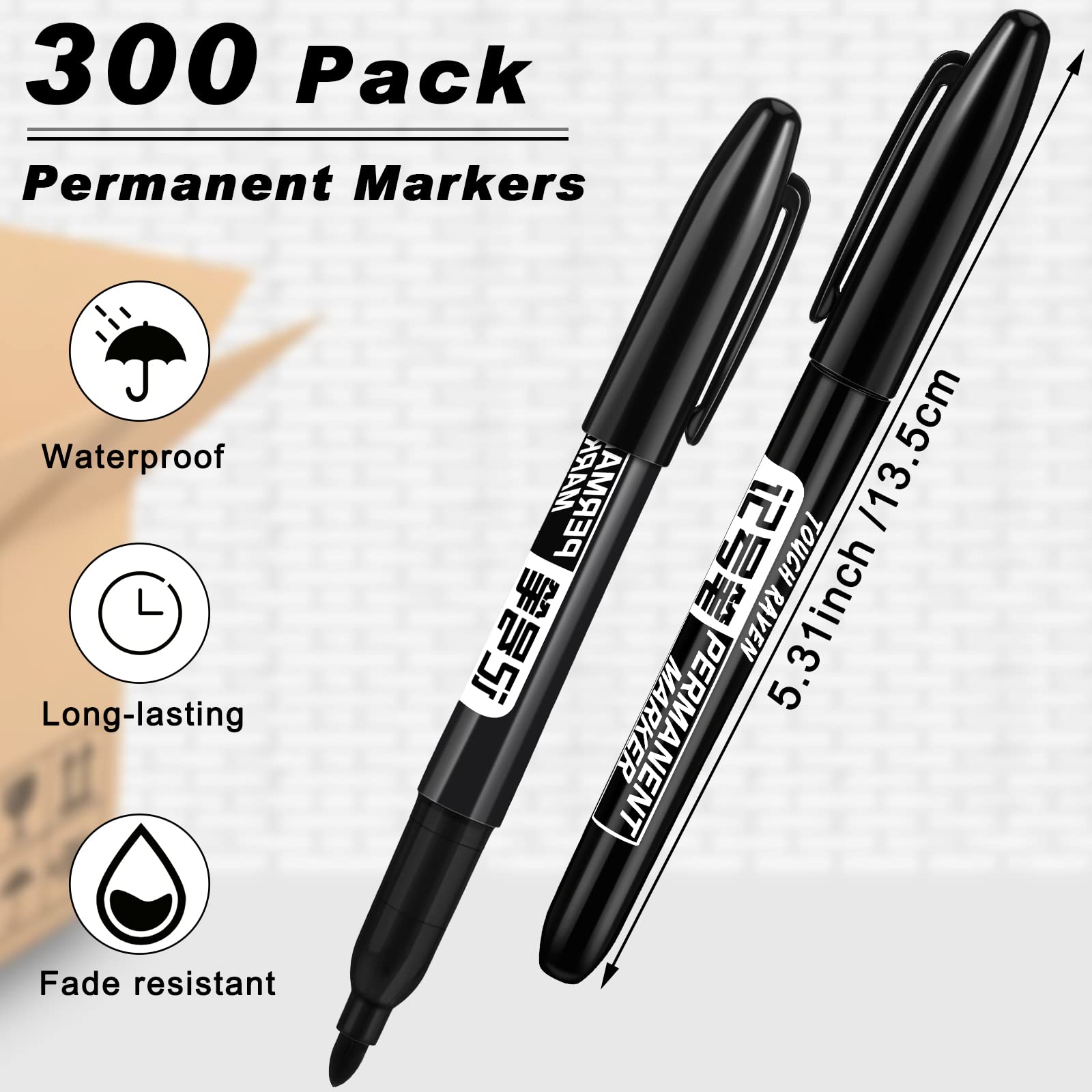 Thenshop 300 Pack Permanent Markers Bulk - Fine Point Waterproof Markers for Plastic, Wood, Stone, Metal & Glass - Ideal for Office, Classroom, Easter, Graduation & Back to School Supplies (Black)