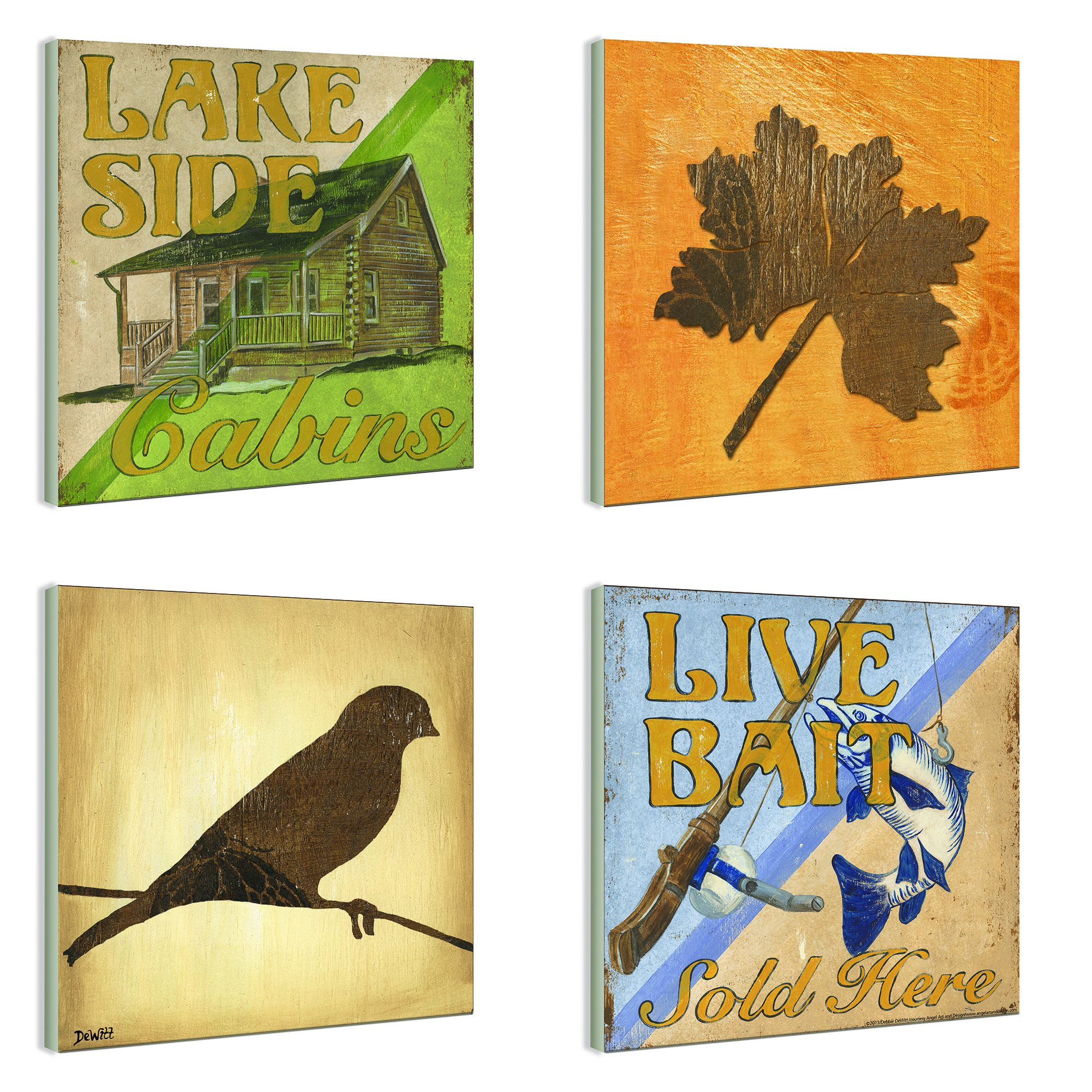 Stupell Lakeside Cabin Themed Wall Plaques - Set of 4 Rustic Home Decor for Living Room, Bedroom & Cabin