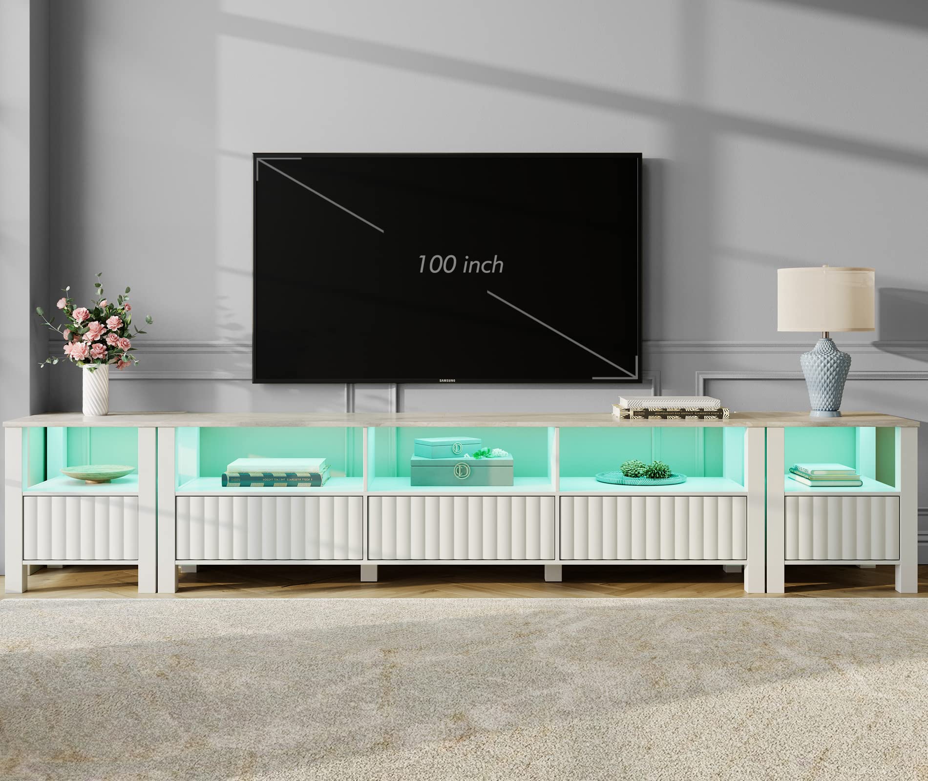 WAMPAT 100 Inch TV Stand with 10 Storage Compartments - Farmhouse Style Entertainment Center for Living Room, Bedroom & Home Theater - Rustic White Wood Media Console