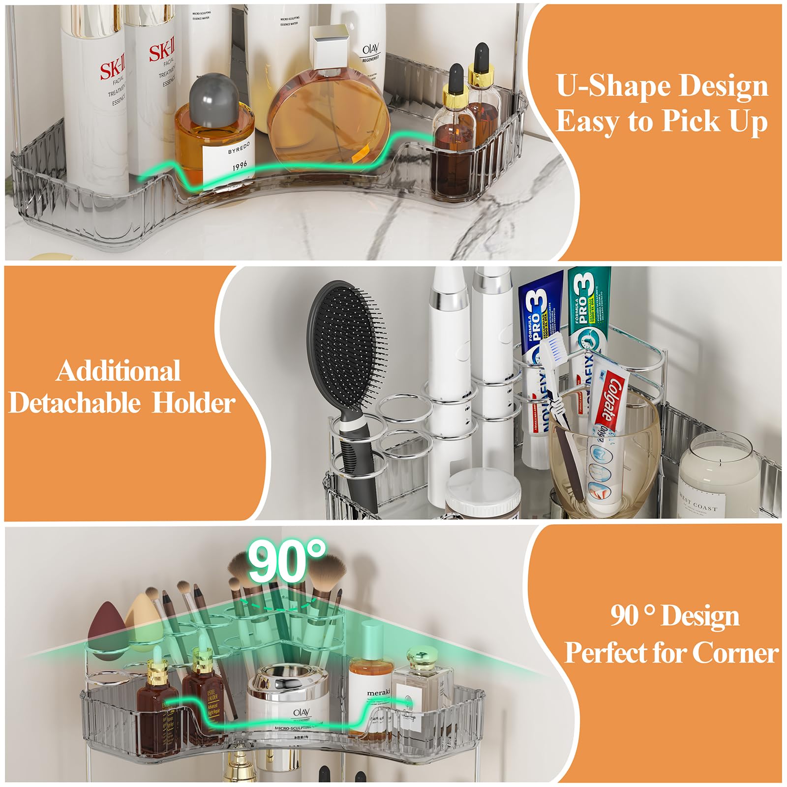 SUNZOS Modern 3-Tier Acrylic Bathroom Organizer with Brush Holder - Large Capacity Corner Makeup Storage for Vanity, Kitchen Countertop, Dresser - Space Saving Gray Organizer for Cosmetics, Skincare & Beauty Tools