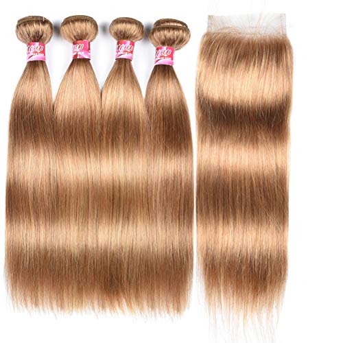 XCCOCO 4 Bundles Peruvian Silk Straight Human Hair with 4x4 Lace Closure - 8A Pure Honey Blonde 27# Remy Virgin Hair (16/18/20/22+14inch) for Weaving & Extensions | Perfect for New Year Gifts, Weddings & Special Occasions