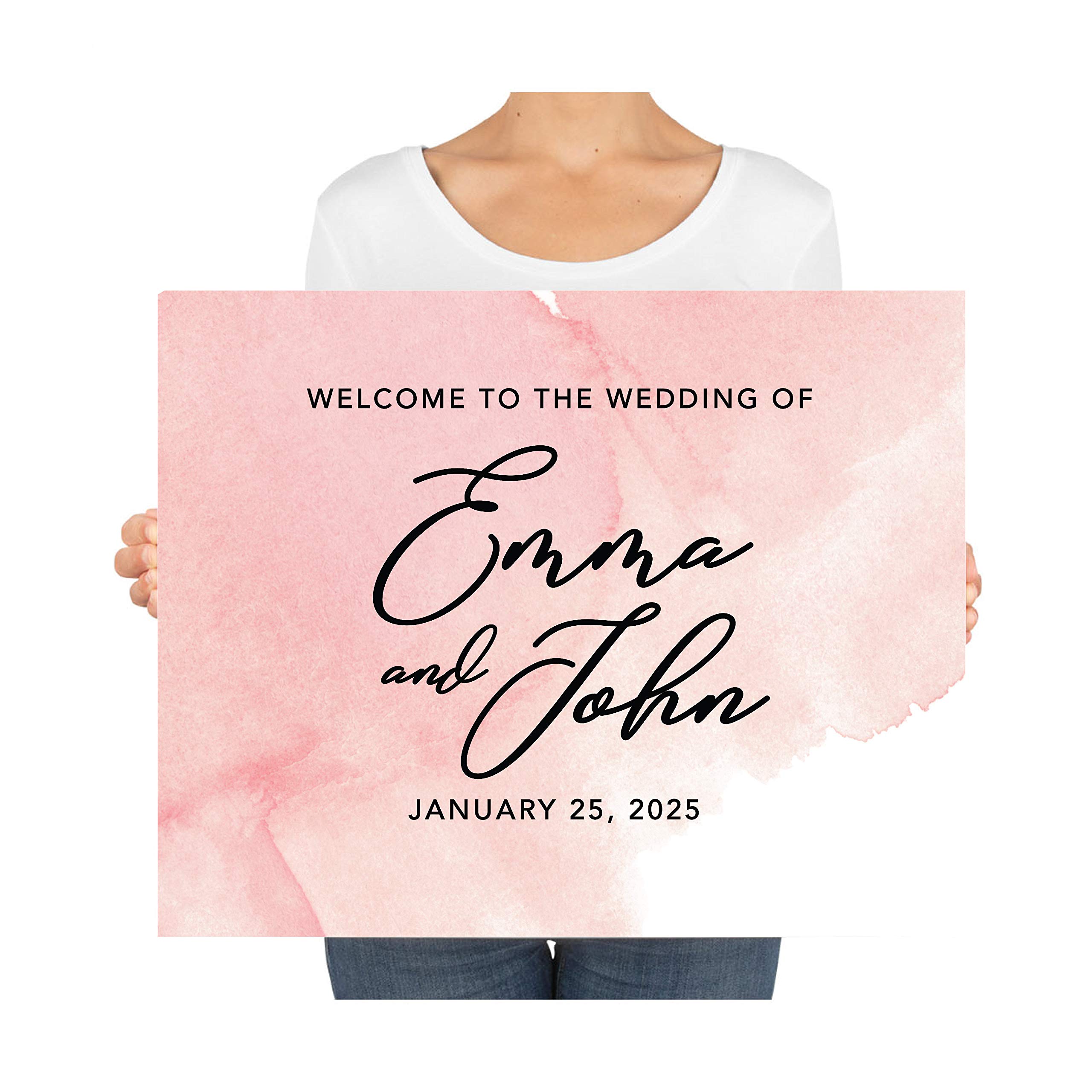 Custom Large 16x20 Inches Pink Watercolor Wedding Guest Book Alternative - Personalized Welcome Sign for Wedding Reception, Bridal Shower & Anniversary Celebrations