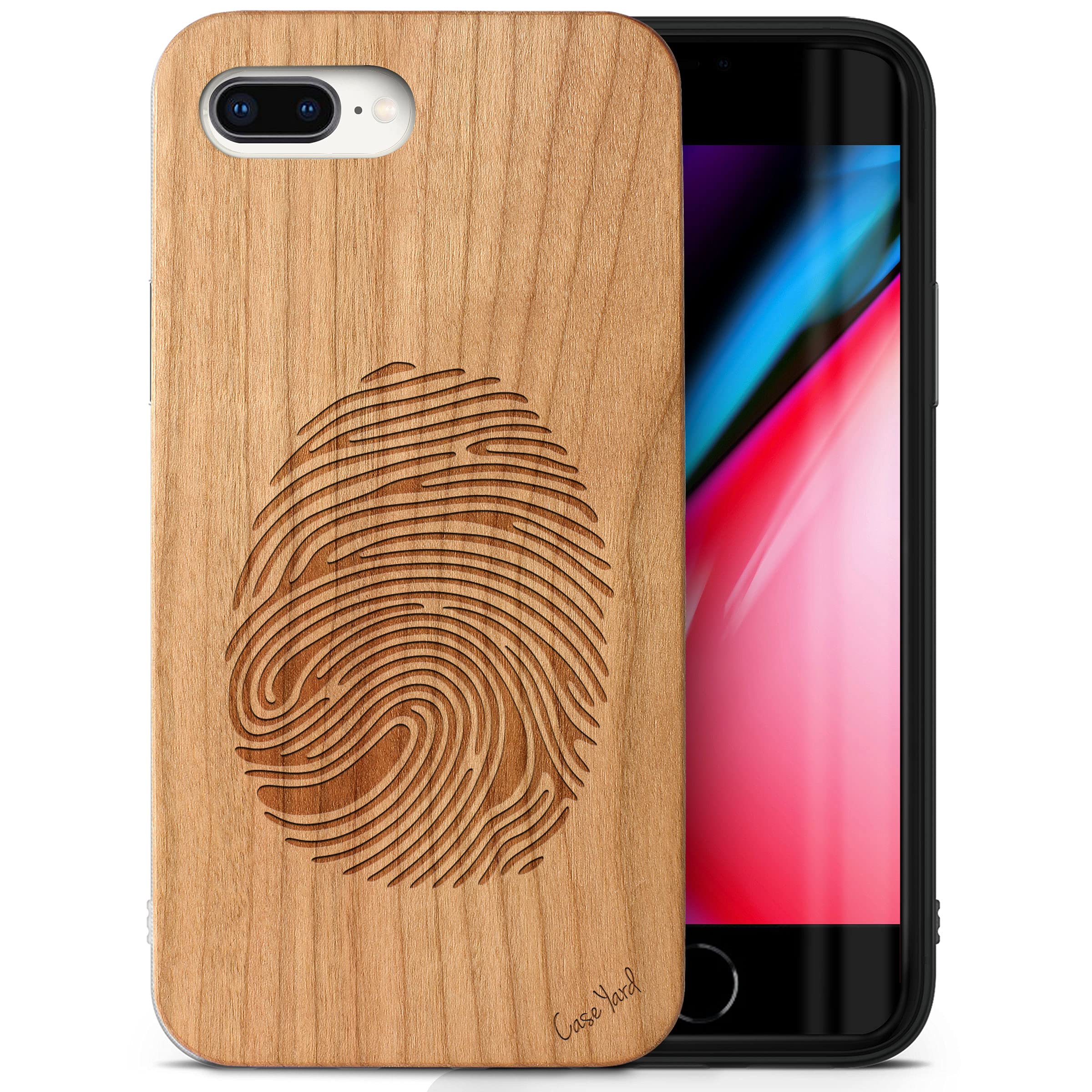 CaseYard Wood Phone Case for iPhone 8 Plus - Laser Engraved Fingerprint Design Cherry Wood Protective Shockproof Slim Fit Cover for Men & Women | Perfect for Outdoor Activities, Travel & Everyday Use