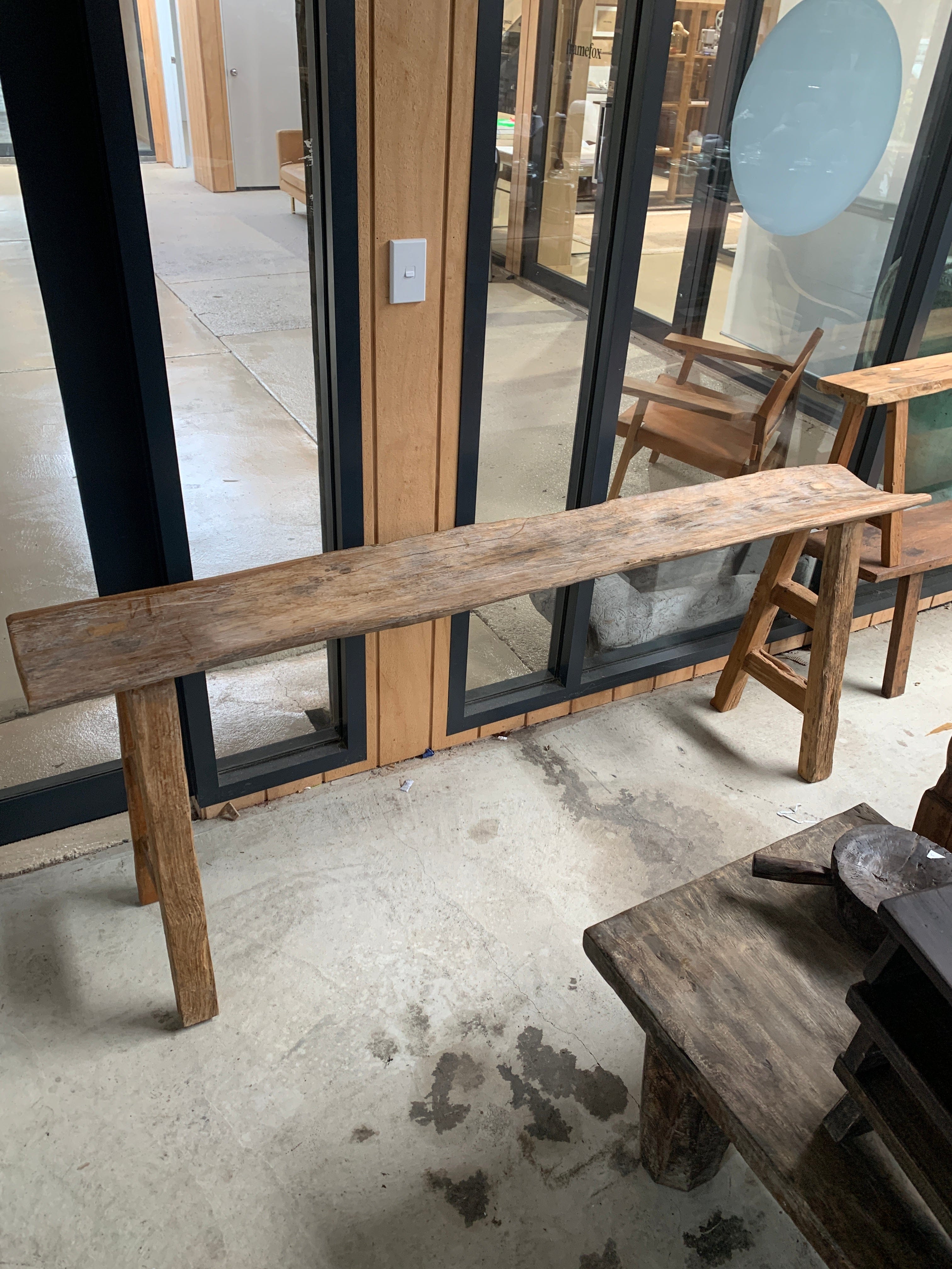 Rustic Teak Wood Trough Bench - Handcrafted Solid Wood Garden Bench for Outdoor Patio, Porch, and Backyard Decor