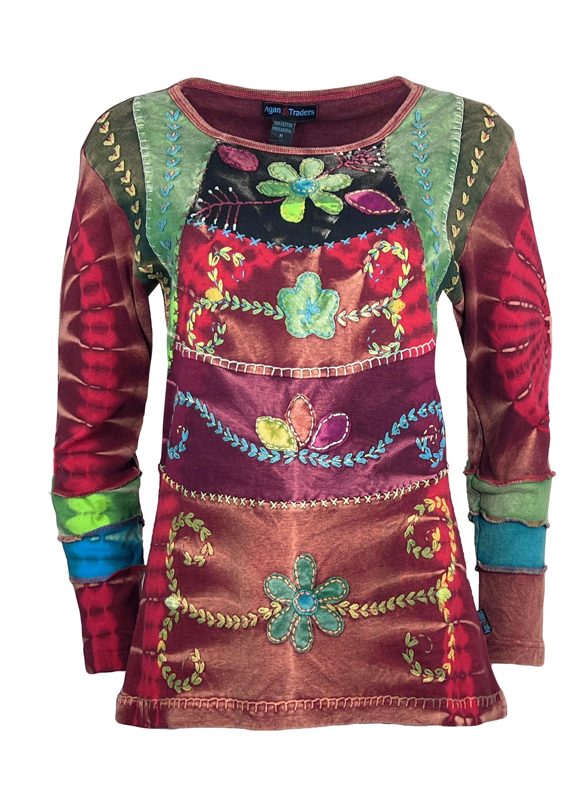 Agan Traders Women's 2025 Spring Rib Knit Cotton Stonewashed Bohemian Embroidered Long Sleeve Blouse - Tie Dye Patched Top (Size L, Red M2) | Casual Wear, Festival Outfit, Boho Chic Style