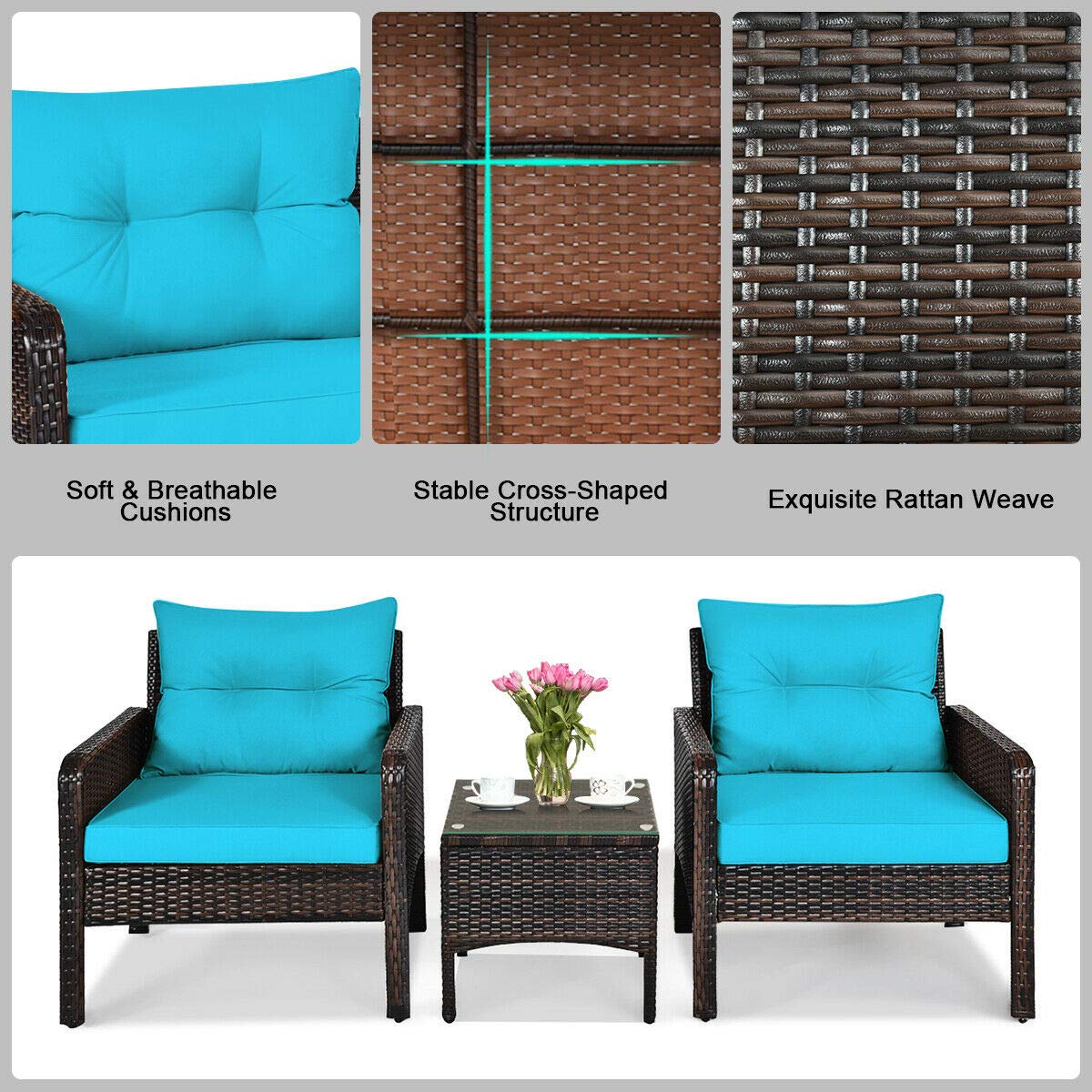 HappyGrill 3-Piece Outdoor Patio Furniture Set - Rattan Wicker Coffee Table & Chairs with Cushions - Weather-Resistant Garden, Balcony, Backyard & Poolside Conversation Set for Relaxing & Entertaining
