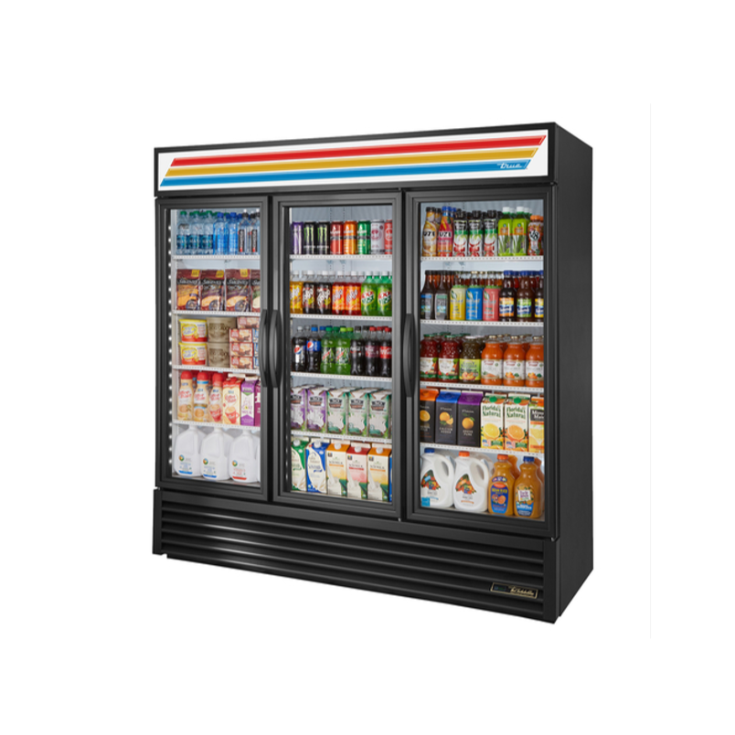 True 78 Merchandiser Refrigerator - 3 Glass Door Commercial Fridge with Black Exterior (GDM 72BL) - Perfect for Restaurants, Convenience Stores & Cafes