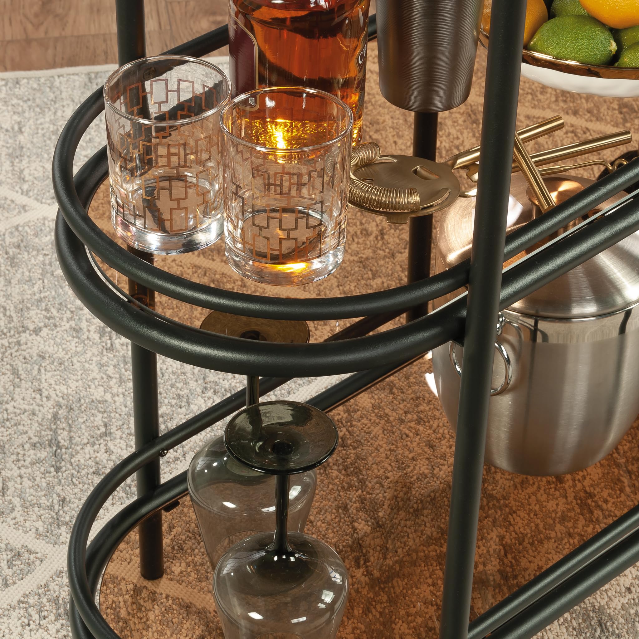 Sauder Coral Cape Bar Cart - Black Metal & Glass Rolling Drink Cart for Home, Kitchen, or Party - Perfect for Serving Cocktails, Wine, and Beverages