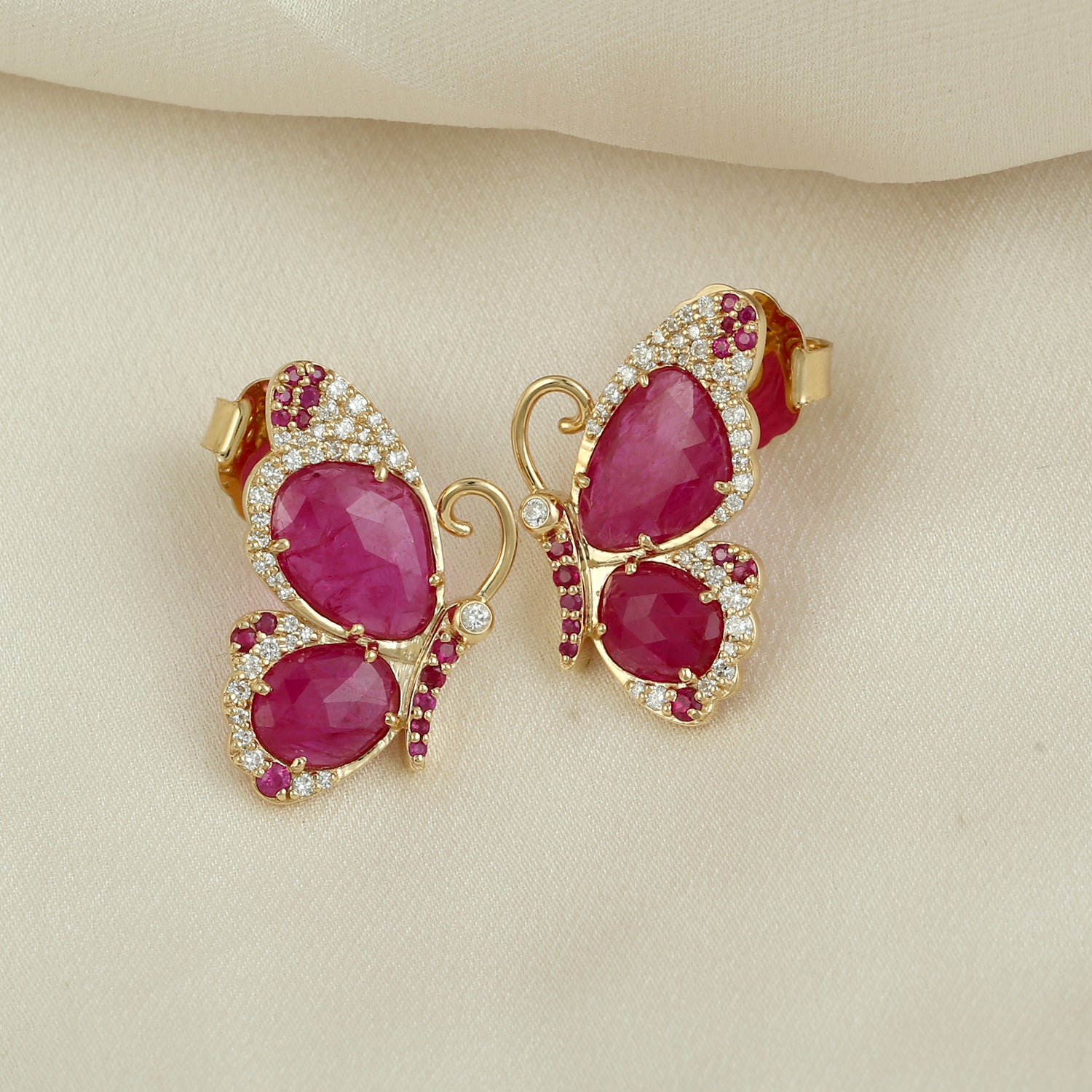 18K Yellow Gold Oval Cut Ruby Pave Diamond Butterfly Stud Earrings - Elegant Jewelry Gift for Women, Birthday, Anniversary, Valentine's Day - Perfect for Parties, Weddings, and Special Occasions