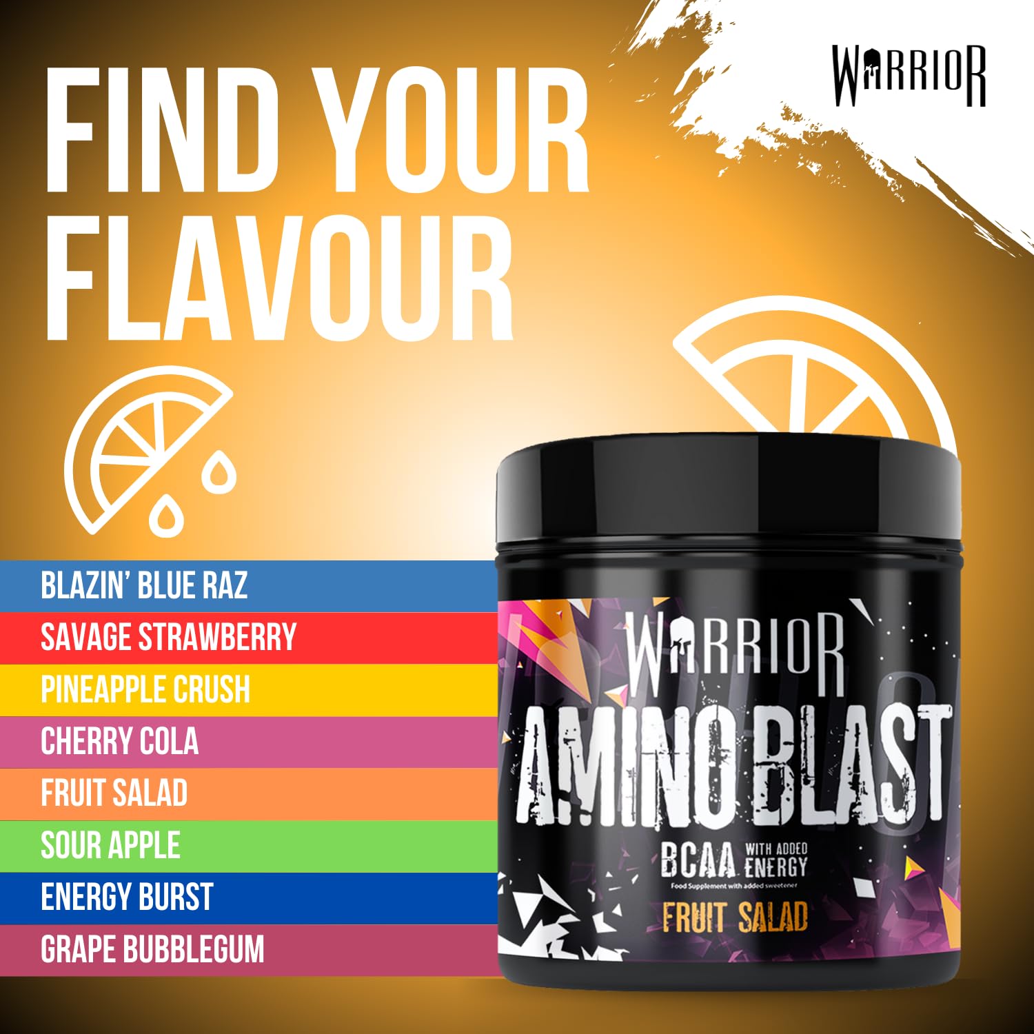 Warrior Amino Blast 270g BCAA Powder - Branched Chain Amino Acids Supplement for Workout & Recovery | Energy Boosting Drink Mix | 30 Servings Fruit Salad Flavor | Pre, Intra & Post Workout Nutrition