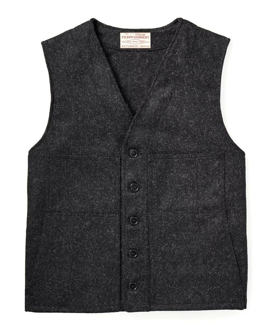 Filson Mackinaw Wool Vest for Men - Charcoal Gray, Heavyweight Warm Fleece Lined Hunting & Outdoor Vest for Winter Camping, Hiking & Fishing
