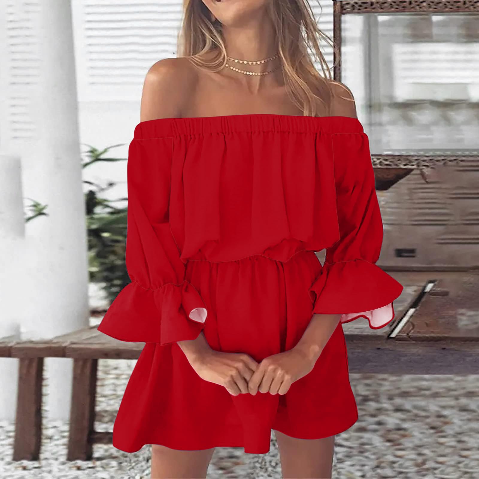 2024 Women's Summer Dresses - Off Shoulder Ruffle Mini Dress with Elastic Waist & Long Sleeves | Boho Swing Sun Dress for Beach, Vacation & Casual Outings