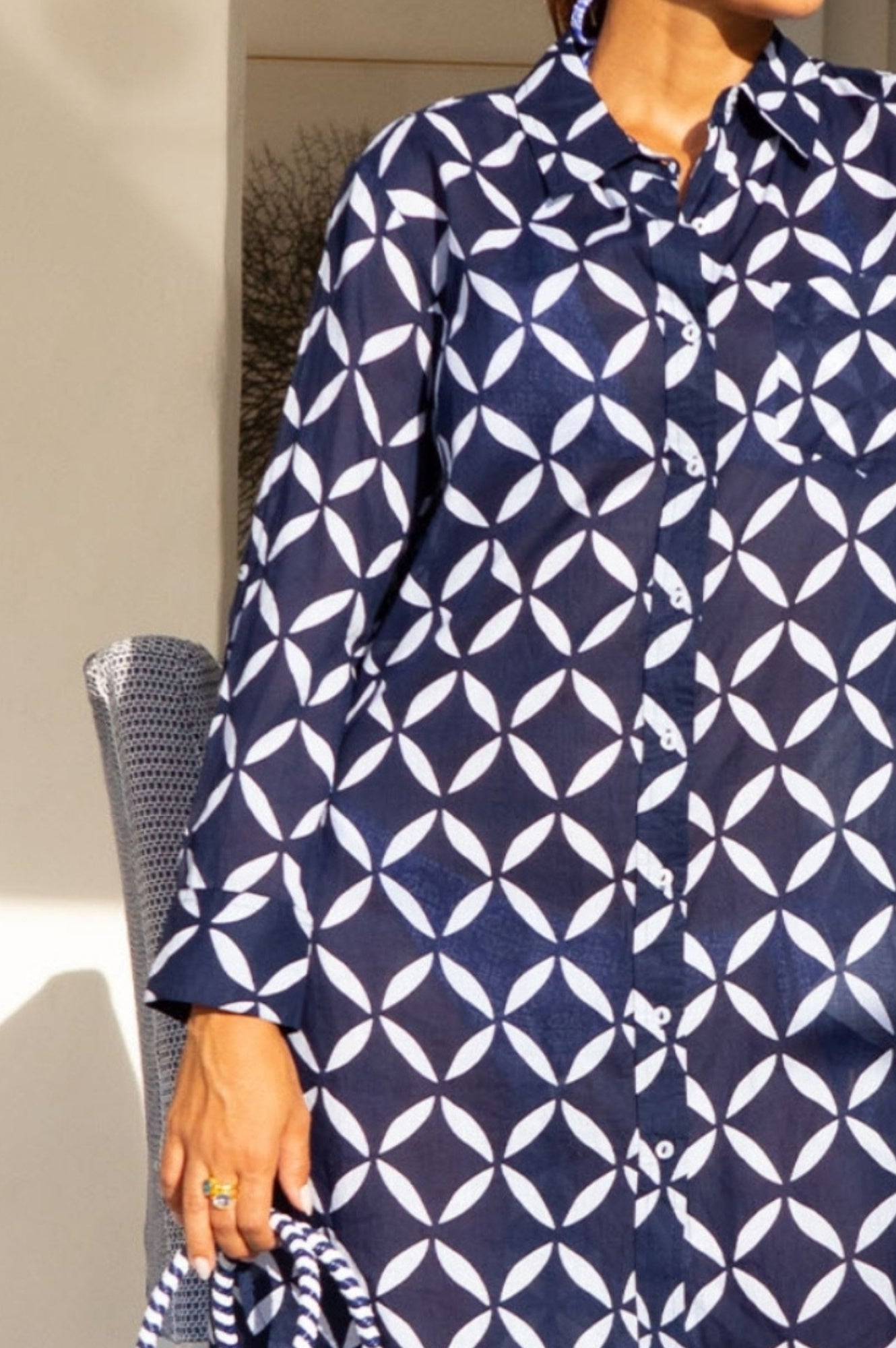 Organic Saffron Cotton Beach Shirt for Men - Handmade Shibori Dyed Navy & White Striped Resort Wear - Perfect for Vacation, Summer Outings & Tropical Getaways