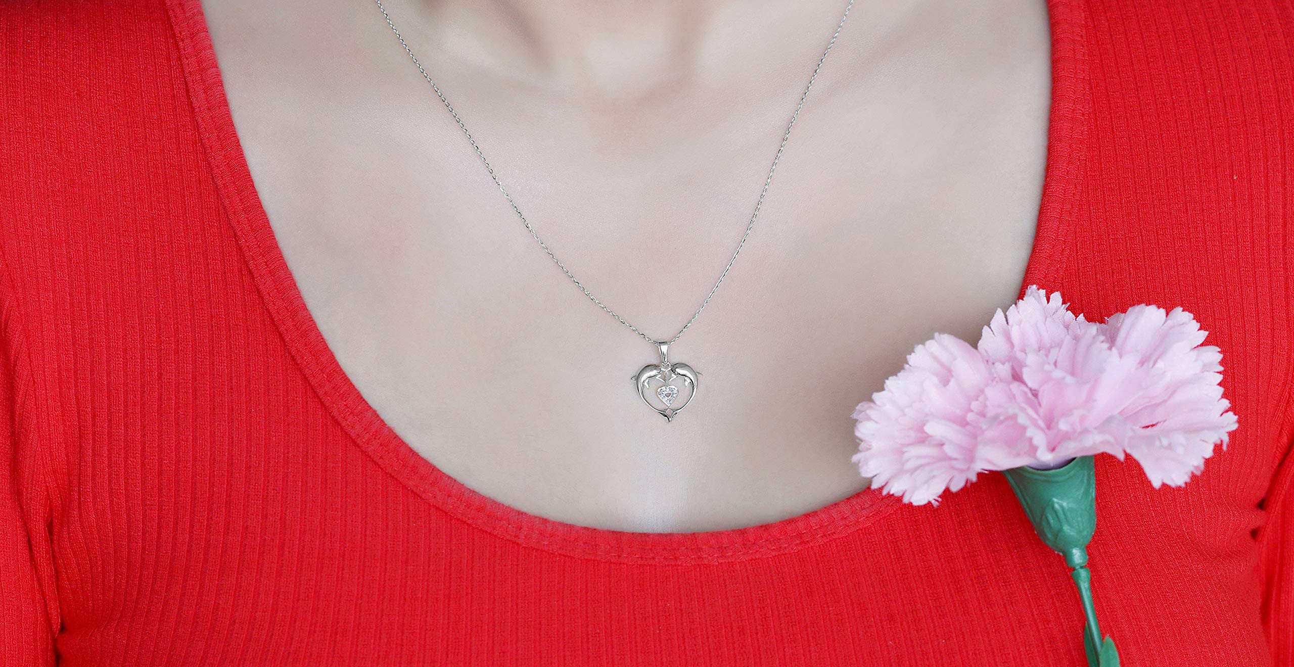 0.05 Cttw 10K Solid Gold Heart Double Dolphin Pendant with White Diamonds for Women - Elegant Jewelry Gift for Valentine's Day, Anniversary & Special Occasions