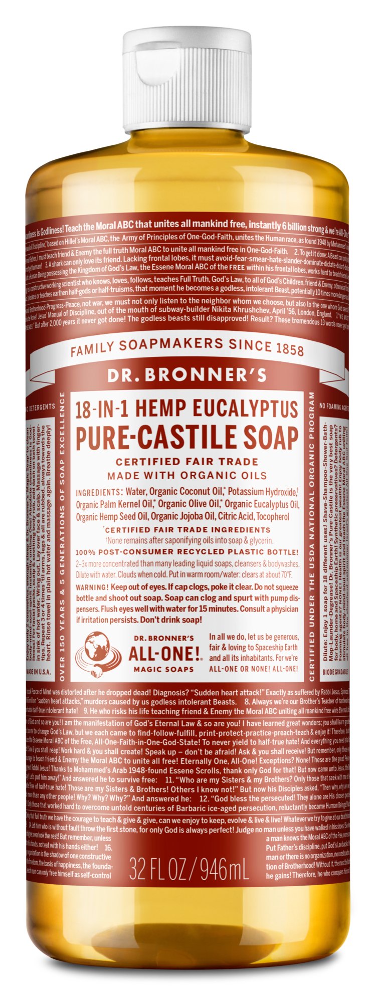 Dr. Bronner's Pure-Castile Liquid Soap - Eucalyptus Scent | Organic, Vegan, Multipurpose Soap for Body, Face, Hair & Household Cleaning | 18-in-1 Uses: Shower Gel, Baby Wash, Pet Shampoo, Dish Soap & More