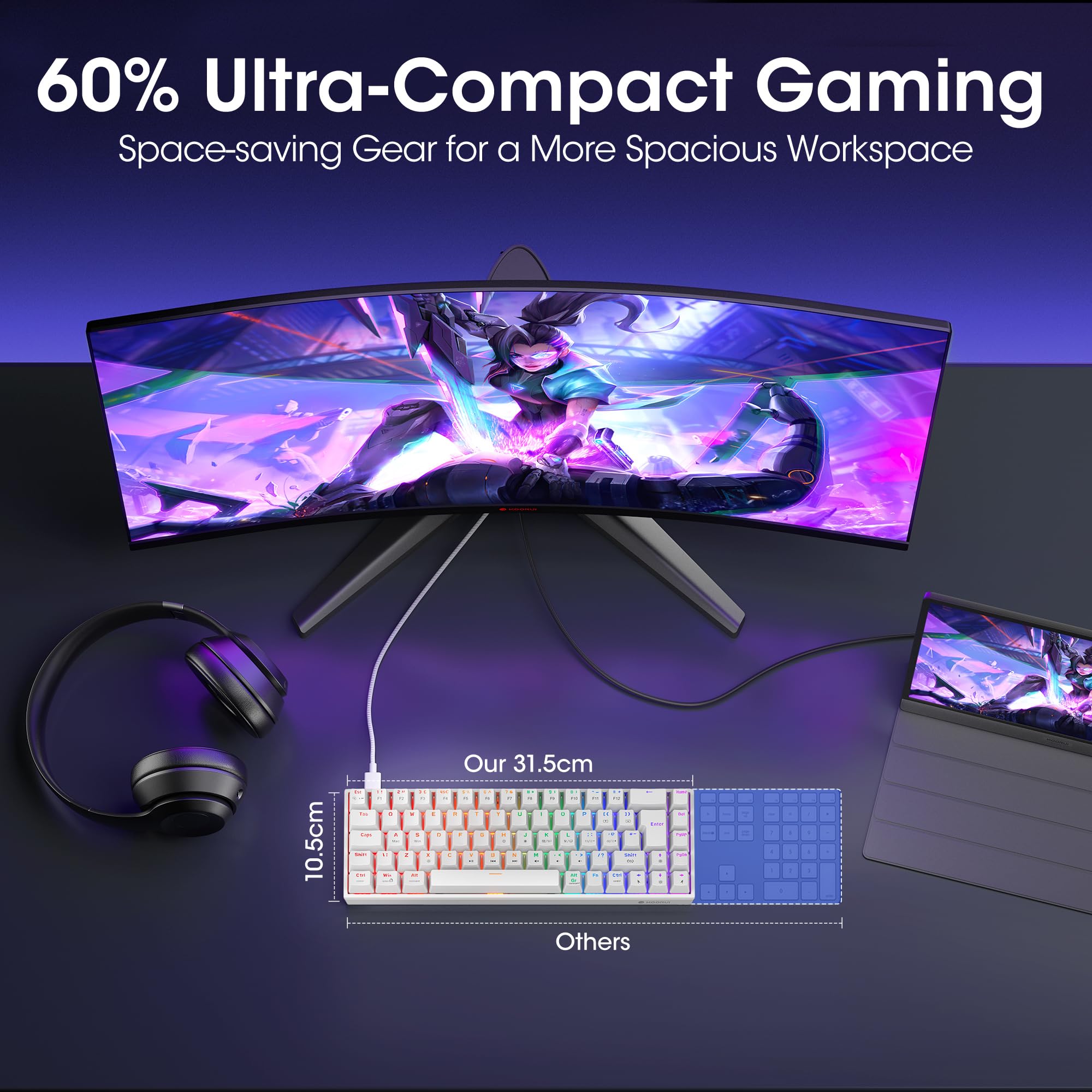 KOORUI 60% Compact Mechanical Gaming Keyboard with Blue Switches - 69 Key RGB Backlit Wired Mini Keyboard for Windows PC, Mac OS, Xbox - White | Perfect for Gaming, Office Work & Typing Enthusiasts