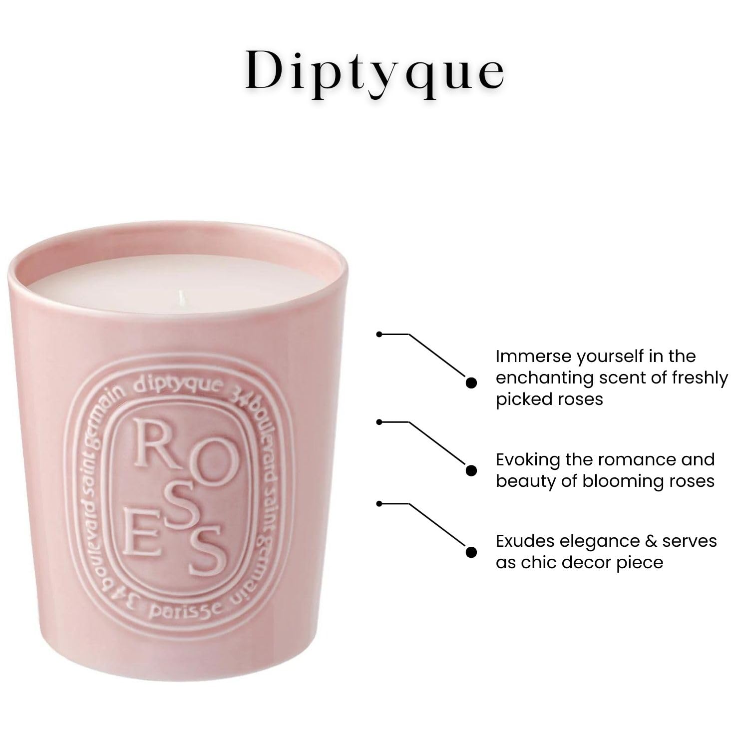 Diptyque Roses Scented Candle - 600g (21.1 oz) Luxury Soy Wax Candle in Porcelain Jar - 100 Hours Burn Time - Floral Home Decor for Bedroom, Bathroom & Living Room - Romantic Gift for Women