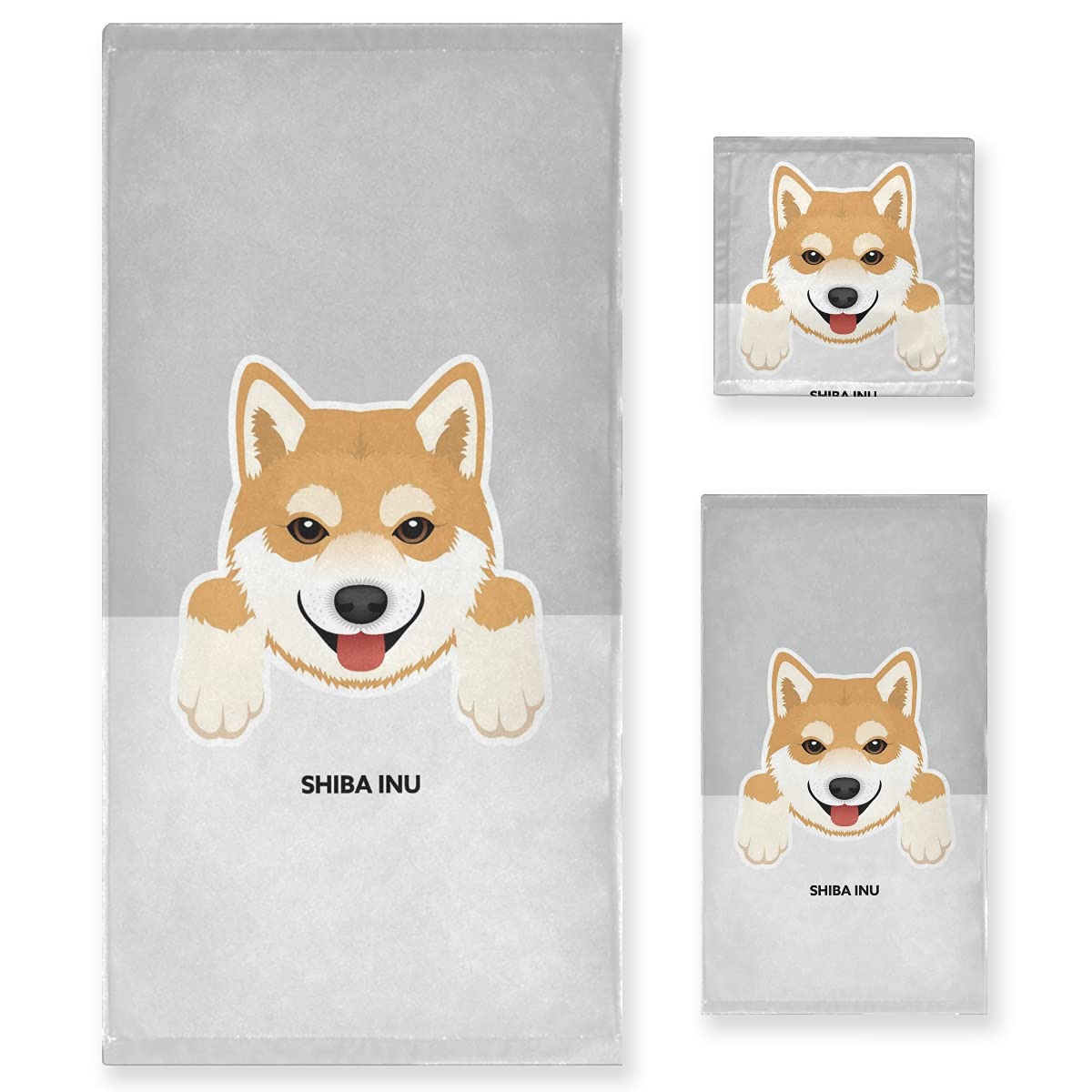 Premium Shiba Inu Dog Face Cotton Towel Set - 3-Piece Soft Absorbent Bath, Hand & Wash Cloth for Bathroom, Kitchen, Beach, Gym & Spa Decor | Cute Japanese Dog Themed Home Accessories