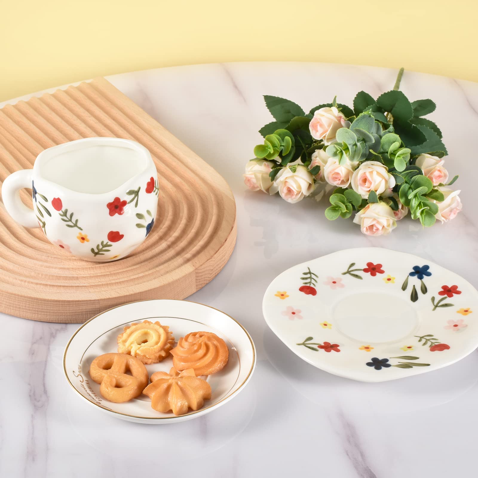 Koythin Ceramic Coffee Mug with Saucer - 10 oz/300ml Cute Pink Cup for Women, Dishwasher & Microwave Safe - Perfect for Office, Home, Latte, Tea & Milk (White Floret Design)