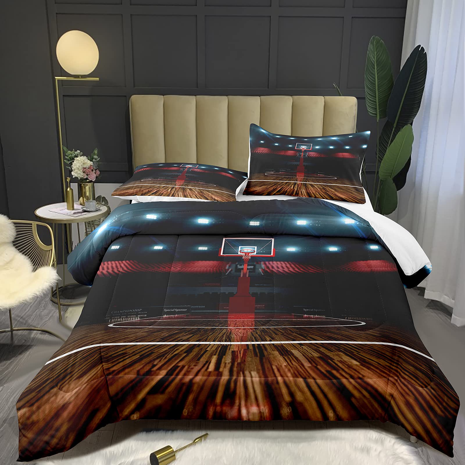 Basketball Comforter Set for Boys & Teens - Full Size 3-Piece Bedding Set with Comforter & 2 Pillow Shams - Basketball Court Design #4007 - Perfect for Kids' Rooms, Dorm Decor, and Sports-Themed Bedrooms