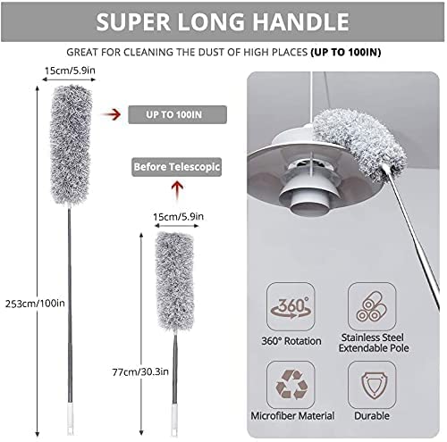 **Diksharth Microfiber Feather Duster - Bendable & Extendable Handle (Up to 100 Inches) - Washable Fan Cleaning Duster for High Ceiling Fans, Window Blinds, Furniture, and Hard-to-Reach Areas - Perfect for Home, Office, and Car Cleaning**