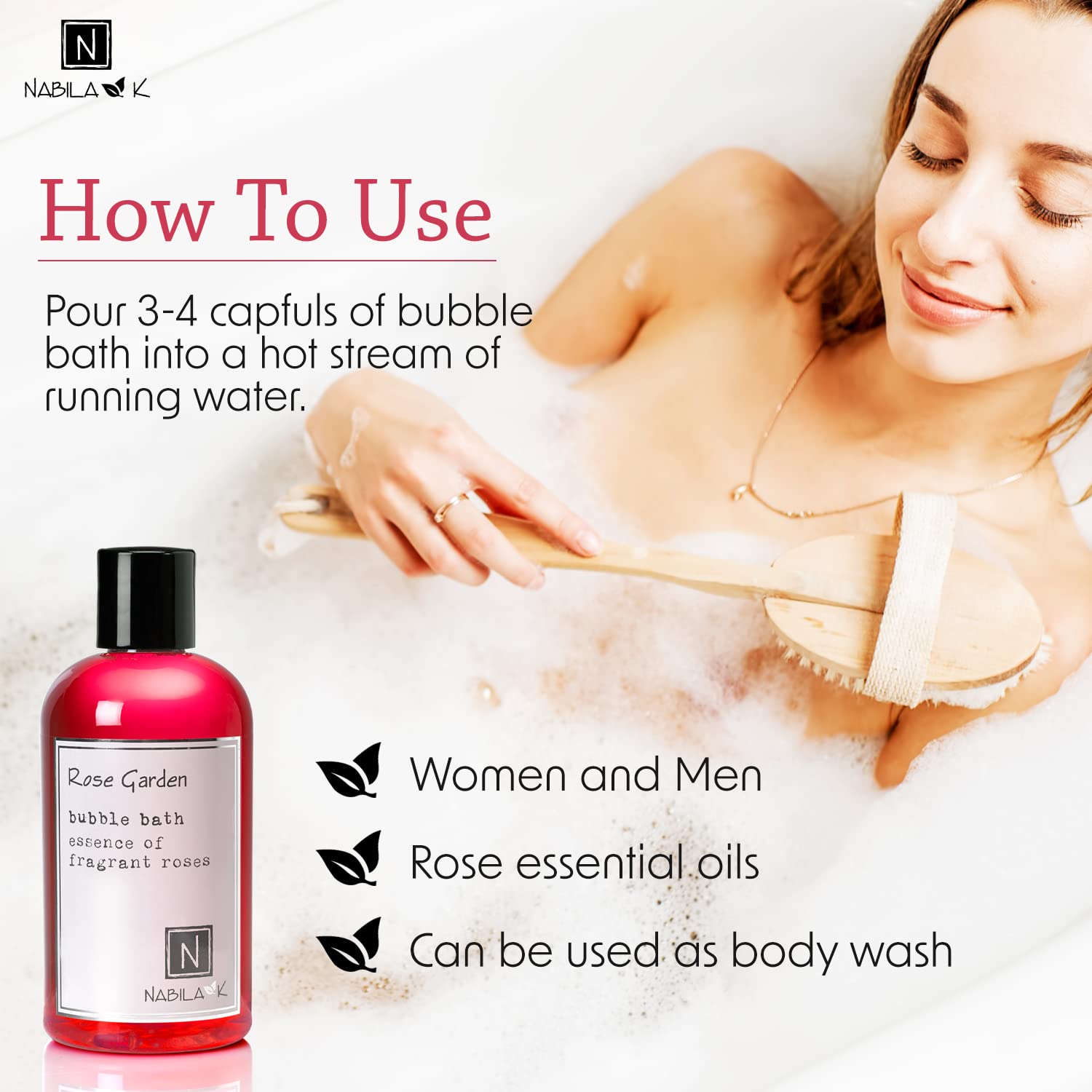 Nabila K Rose Garden Bubble Bath - Natural Essential Oils for Sensitive Skin, Tear-Free & Moisturizing - Gentle Luxury Bath for Women & Men, 8 oz - Perfect for Relaxation, Spa Days & Self-Care Routines