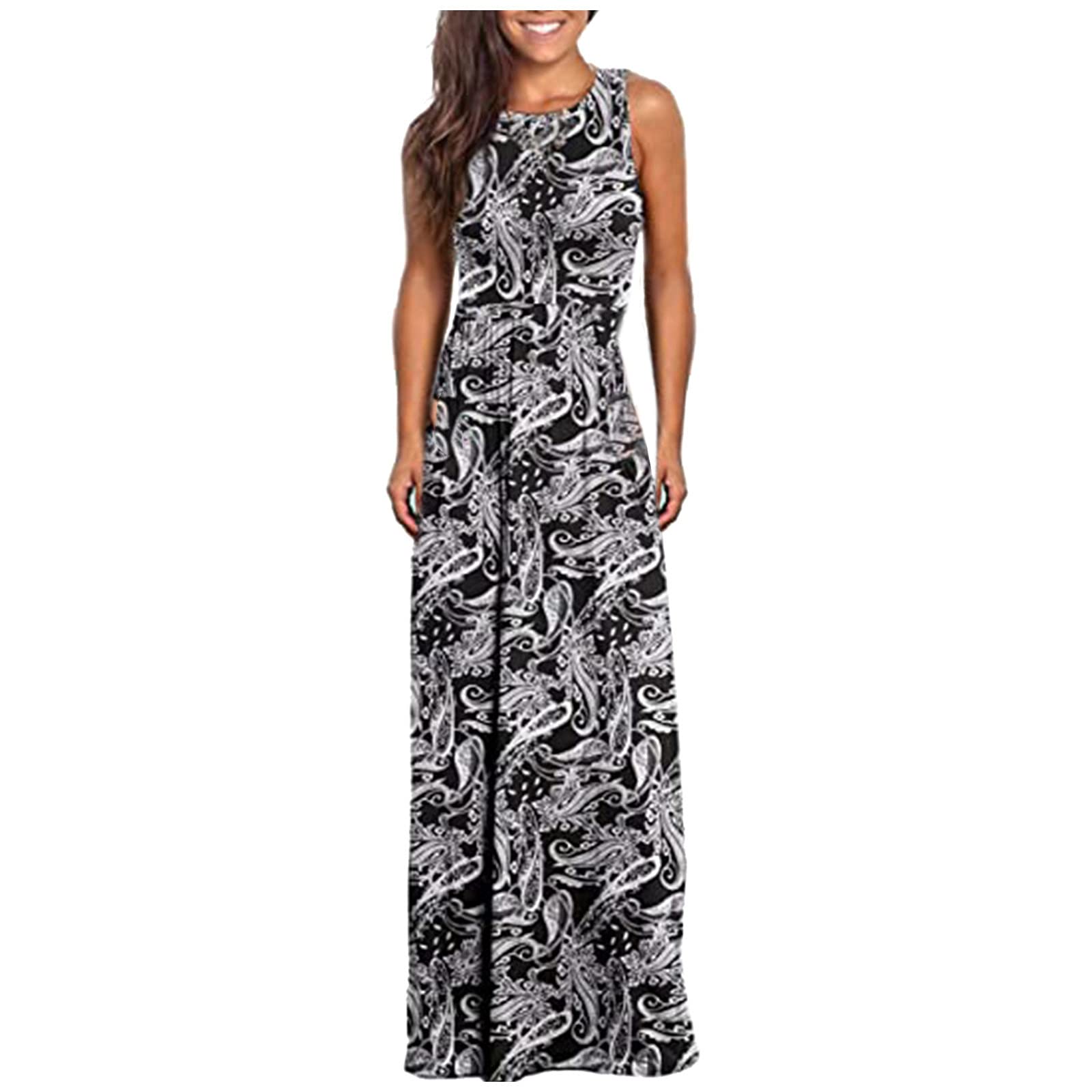 Women's Floral Print Sleeveless Maxi Dress with Pockets - Casual Loose Beach Cover Up Dress for Summer Vacation, Pool Party & Boho Outfit