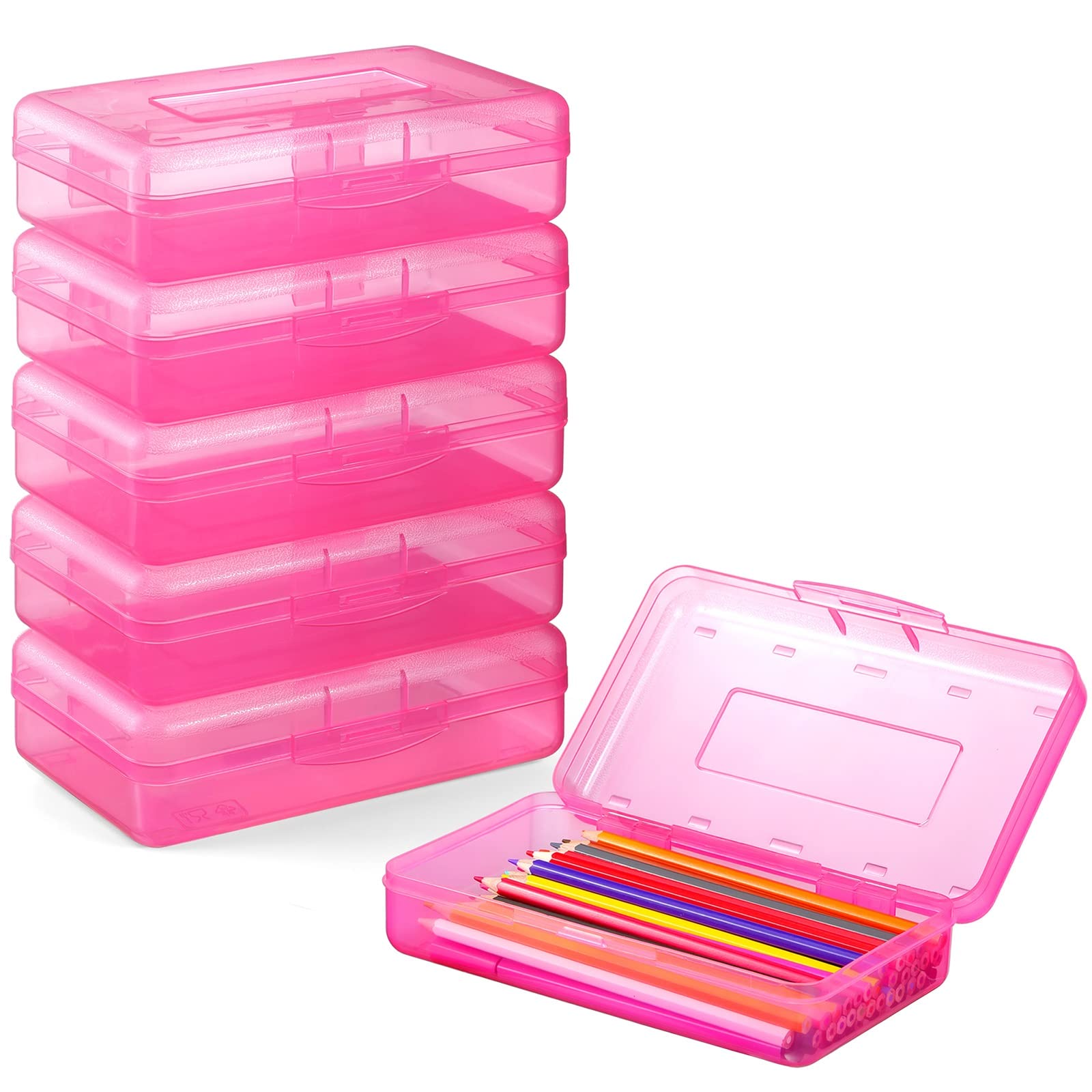 Sooez 6 Pack Clear Plastic Pencil Boxes with Lids - Hard School Supply Organizer for Kids, Stackable Crayon Storage Case - Perfect for Classroom, Art Supplies & Back to School Organization