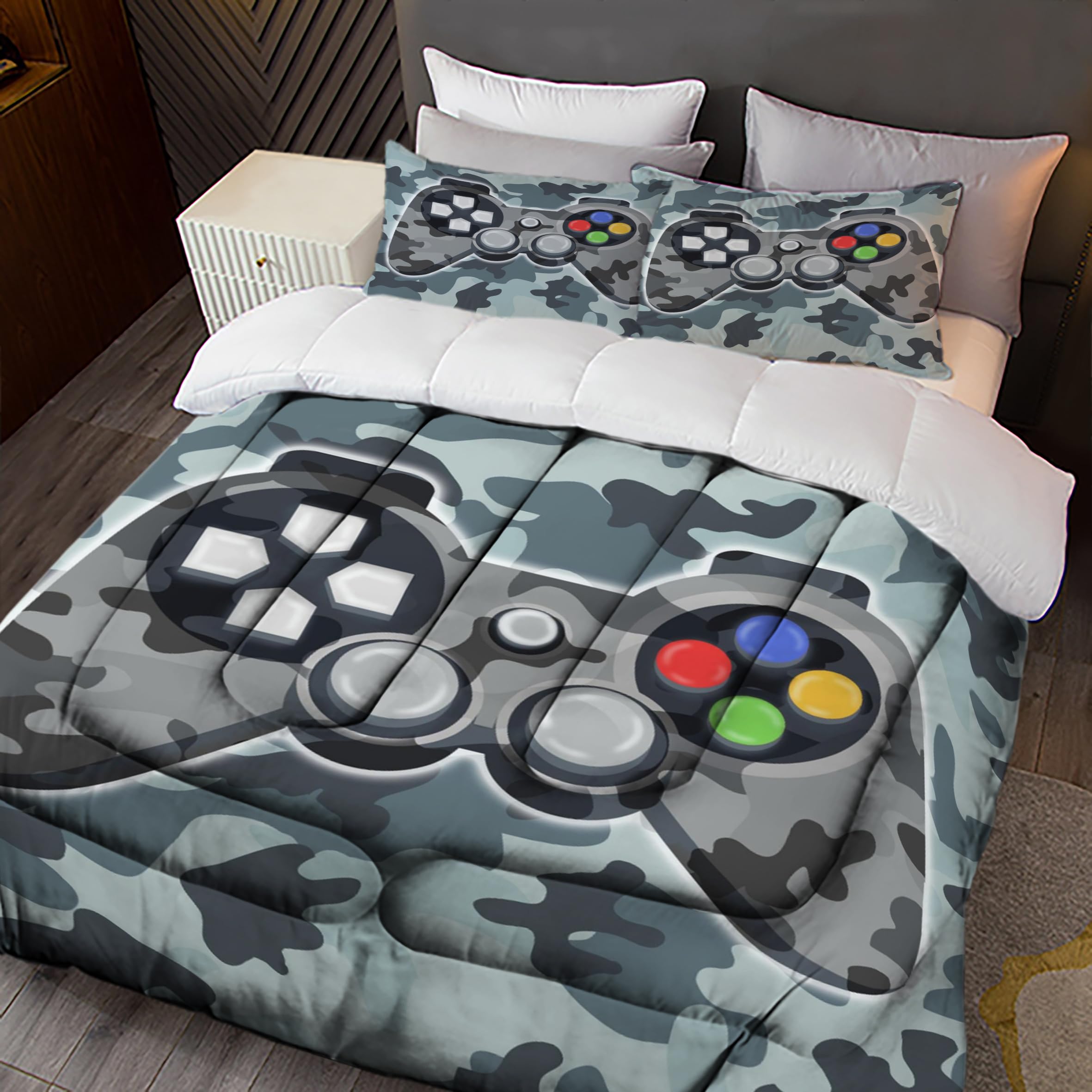 Sunnycitron Camo Grey Gaming Comforter Set for Boys & Teens - Queen Size (1 Comforter + 2 Pillowcases) | Perfect for Game Room Decor, Bedroom Upgrade & Gamer Gift Ideas