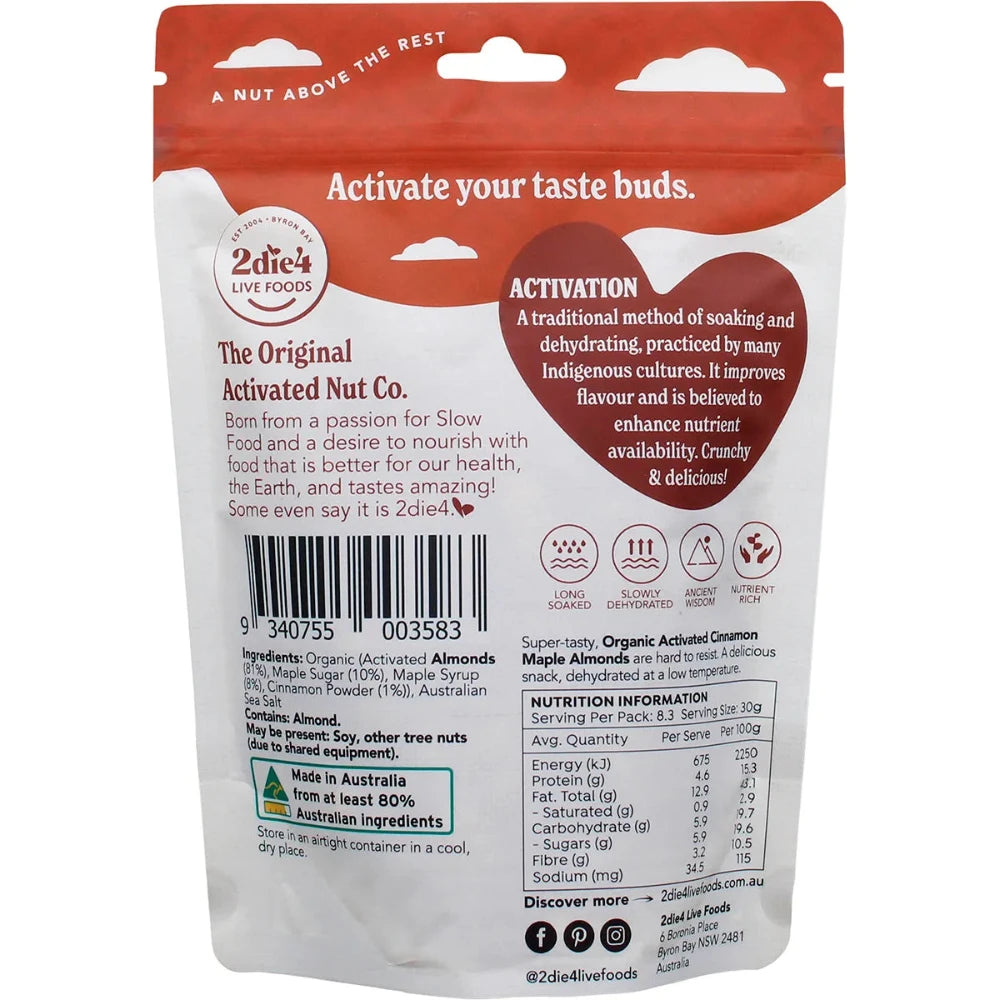 Organic Activated Almonds with Cinnamon & Maple Flavor - 250g (8.8oz) | 2DIE4 LIVE FOODS | Healthy Snack for Hiking, Office & Keto Diet