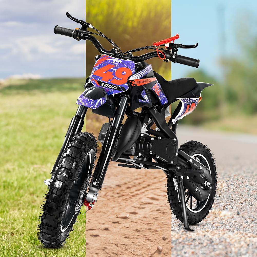 49CC Kids Dirt Bike - 2-Stroke Gas Powered Mini Bike for Off-Road & Trail Riding - Front & Rear Disc Brakes, Speeds Up to 40MPH, 220LBS Weight Capacity (Black) - Perfect for Backyard Adventures, Off-Road Trails & Youth Motocross Training