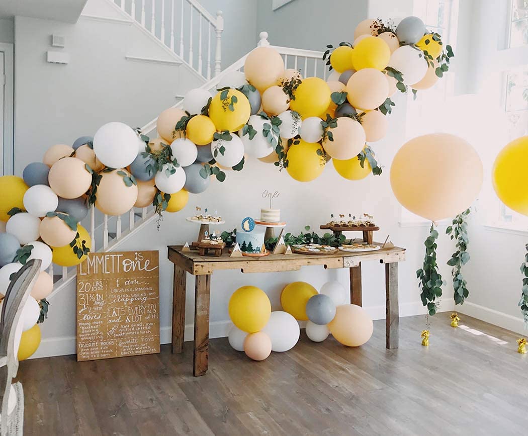 128-Piece Gray & Yellow Balloon Garland Arch Kit - Macaron Gray, Chrome Gold & Yellow Balloons for Party Decor, Baby Shower, Birthday, Bridal Shower & Wedding Backdrop Decorations