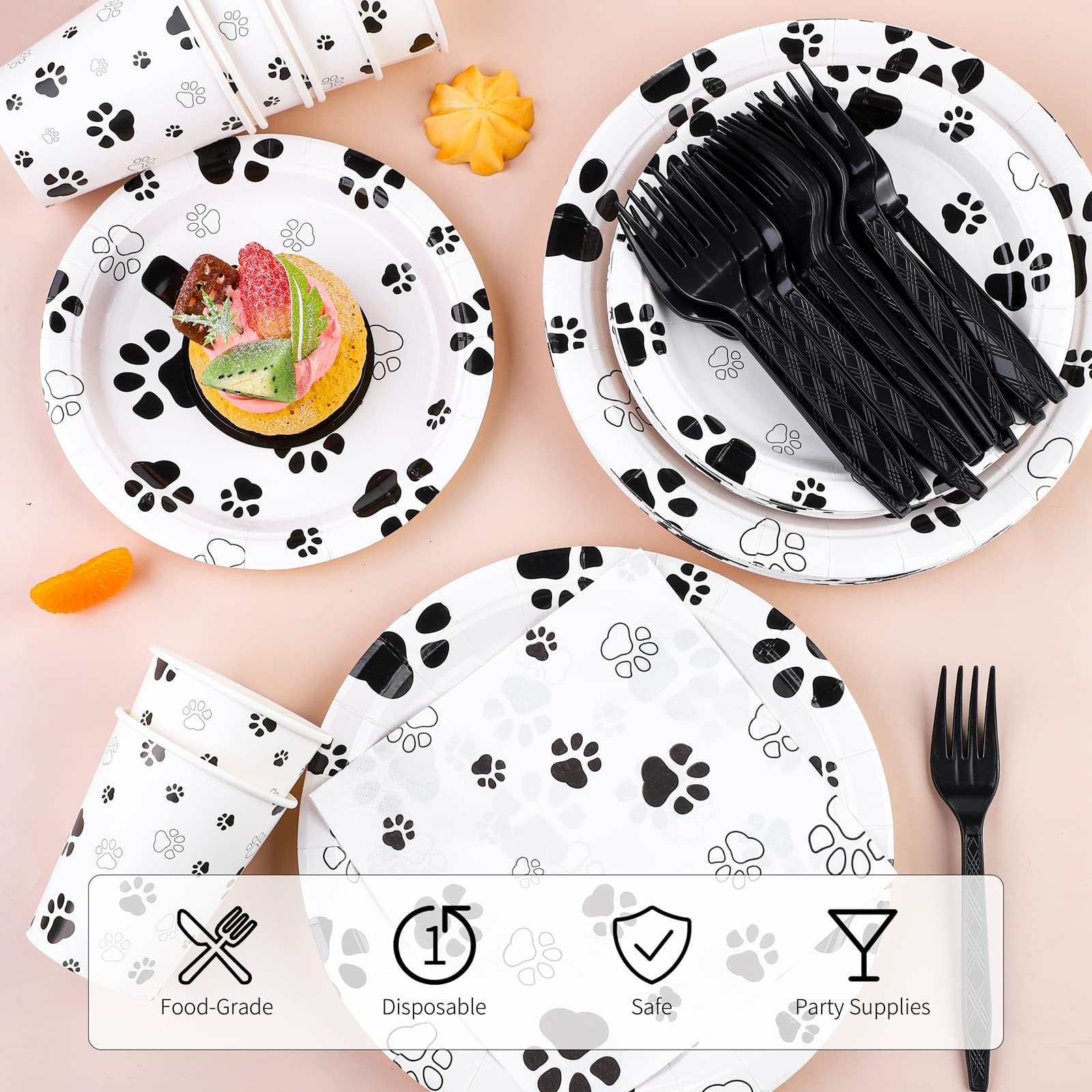 121-Piece Black Paw Print Dog Birthday Party Supplies Set - Tablecloth, Plates, Napkins, Forks & Paper Cups for Puppy Theme Decorations | Perfect for Dog Birthday Parties, Pet Adoption Events & Animal Shelter Fundraisers