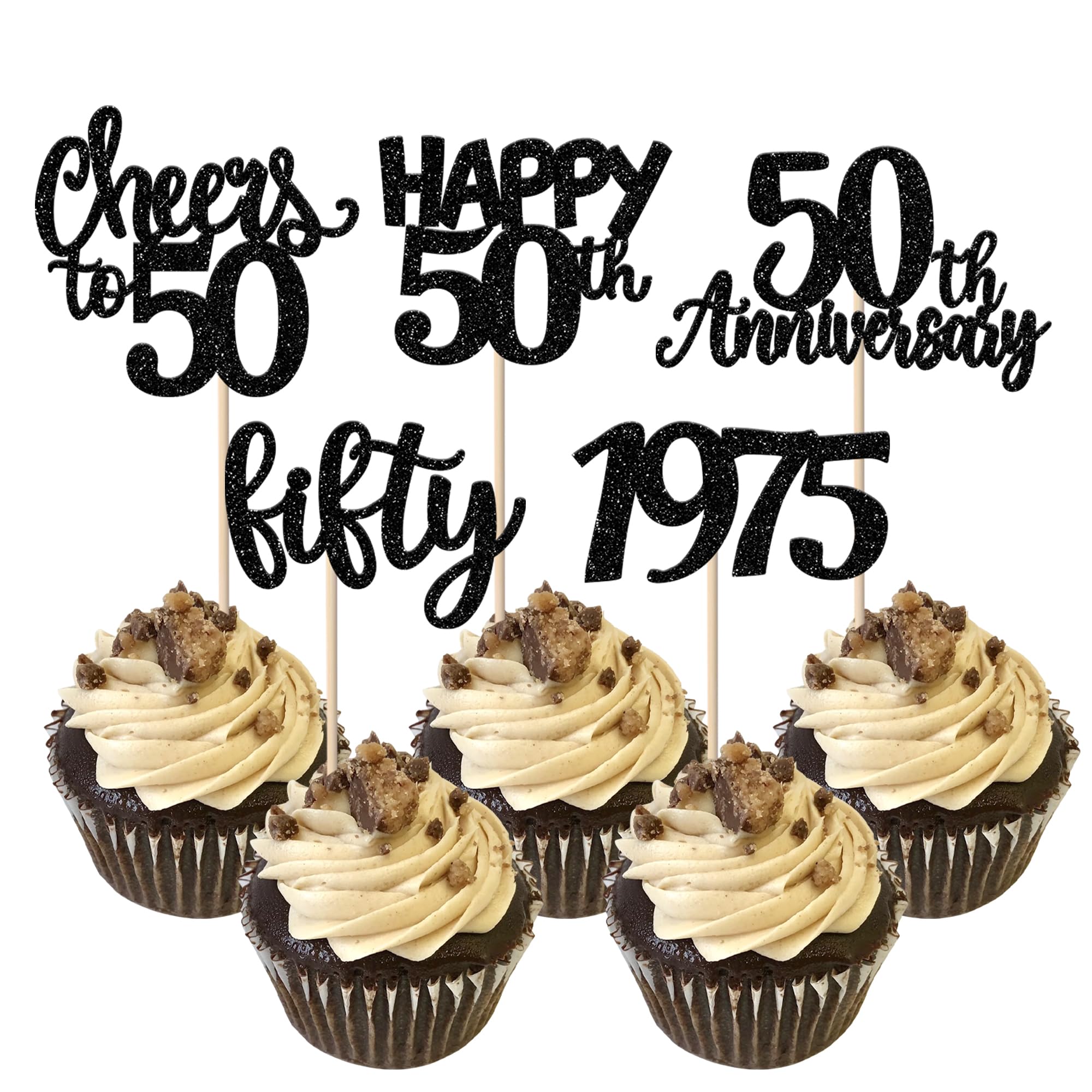 30 Pack Happy 50th Birthday Cupcake Toppers - Glitter 'Fifty Since 1975' Cake Decorations for 50th Anniversary Party Supplies (Black) - Perfect for Milestone Celebrations & Retirement Parties